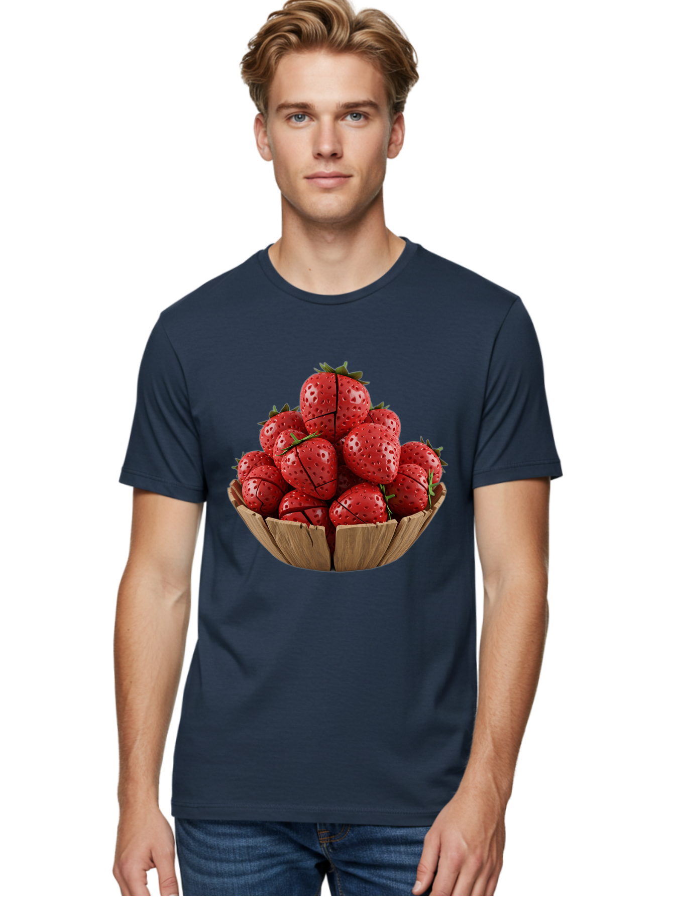 Strawberries-3 Men'S Graphic Tee, 100% Cotton, Comfortable Casual Summer Wear, Machine Washable, Fresh Strawberries, Ripe Fruit, Sweet Treats, Healthy Snack, Red Berries, Green Leaves, Eco-Friendly Packaging, Paper Bowl, Cut Strawberries, Bac458