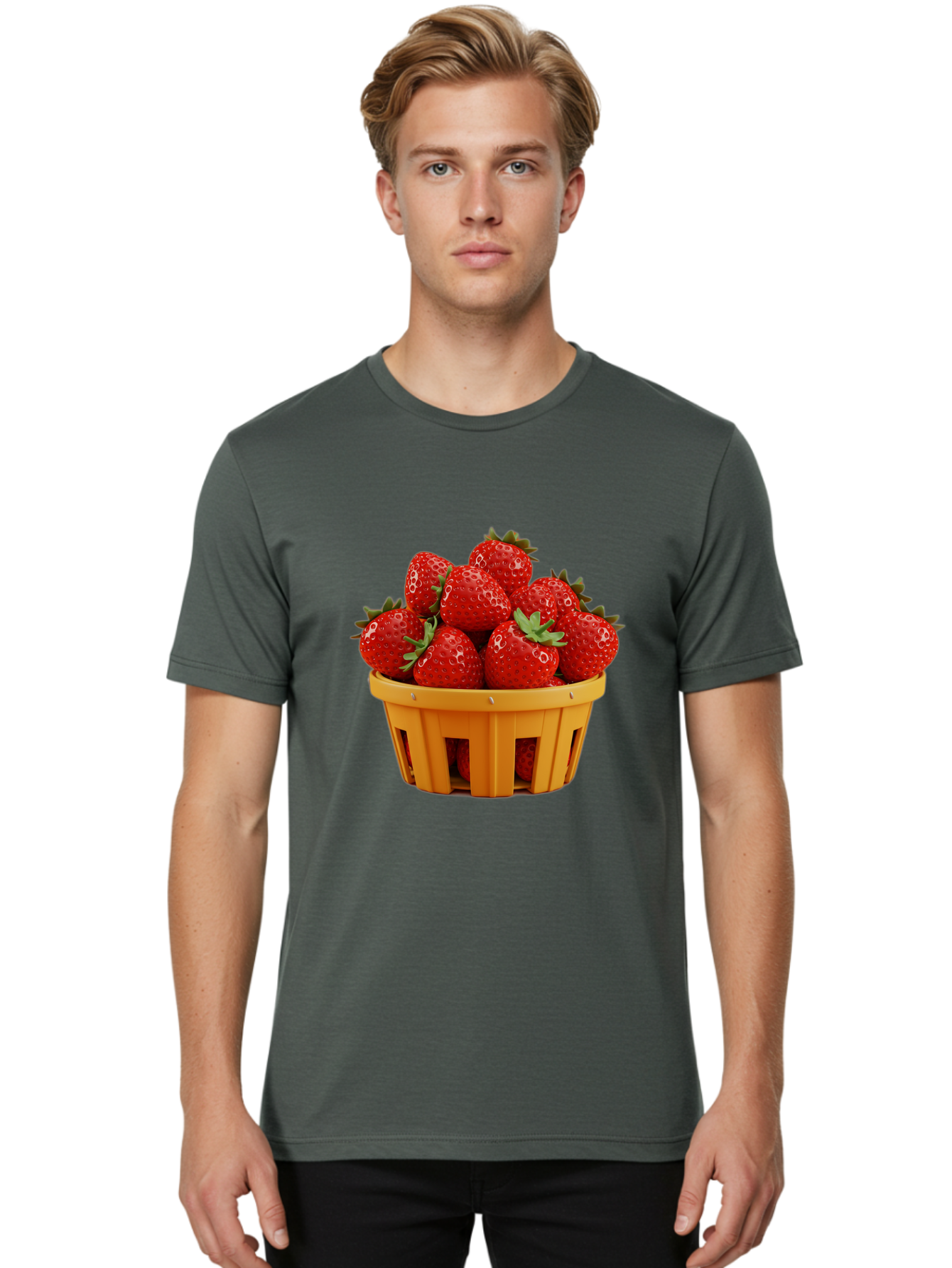 Strawberries-In-A-Yellow-Basket Men'S Graphic Tee, 100% Cotton, Comfortable Casual Summer Wear, Machine Washable, Basket Of Strawberries, Fresh Strawberries, Ripe Strawberries, Summer Fruits, Healthy Snack, Vibrant Red Strawberries, Bac459