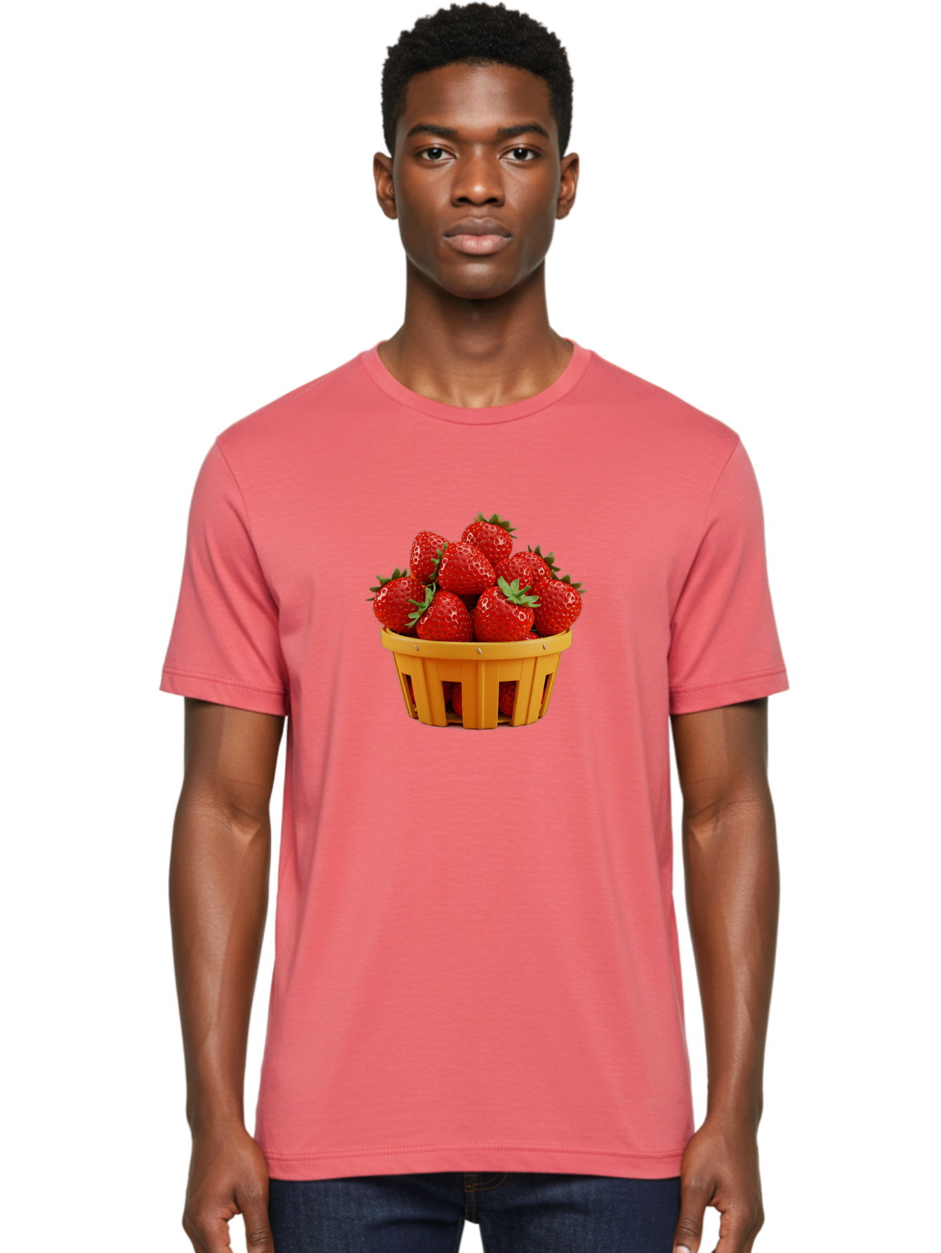 Strawberries-In-A-Yellow-Basket Men'S Graphic Tee, 100% Cotton, Comfortable Casual Summer Wear, Machine Washable, Basket Of Strawberries, Fresh Strawberries, Ripe Strawberries, Summer Fruits, Healthy Snack, Vibrant Red Strawberries, Bac459