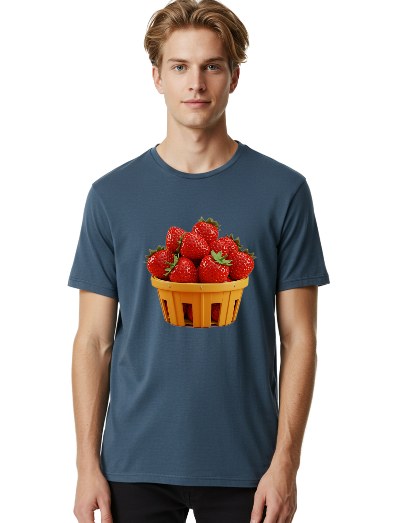 Strawberries-In-A-Yellow-Basket Men'S Graphic Tee, 100% Cotton, Comfortable Casual Summer Wear, Machine Washable, Basket Of Strawberries, Fresh Strawberries, Ripe Strawberries, Summer Fruits, Healthy Snack, Vibrant Red Strawberries, Bac459