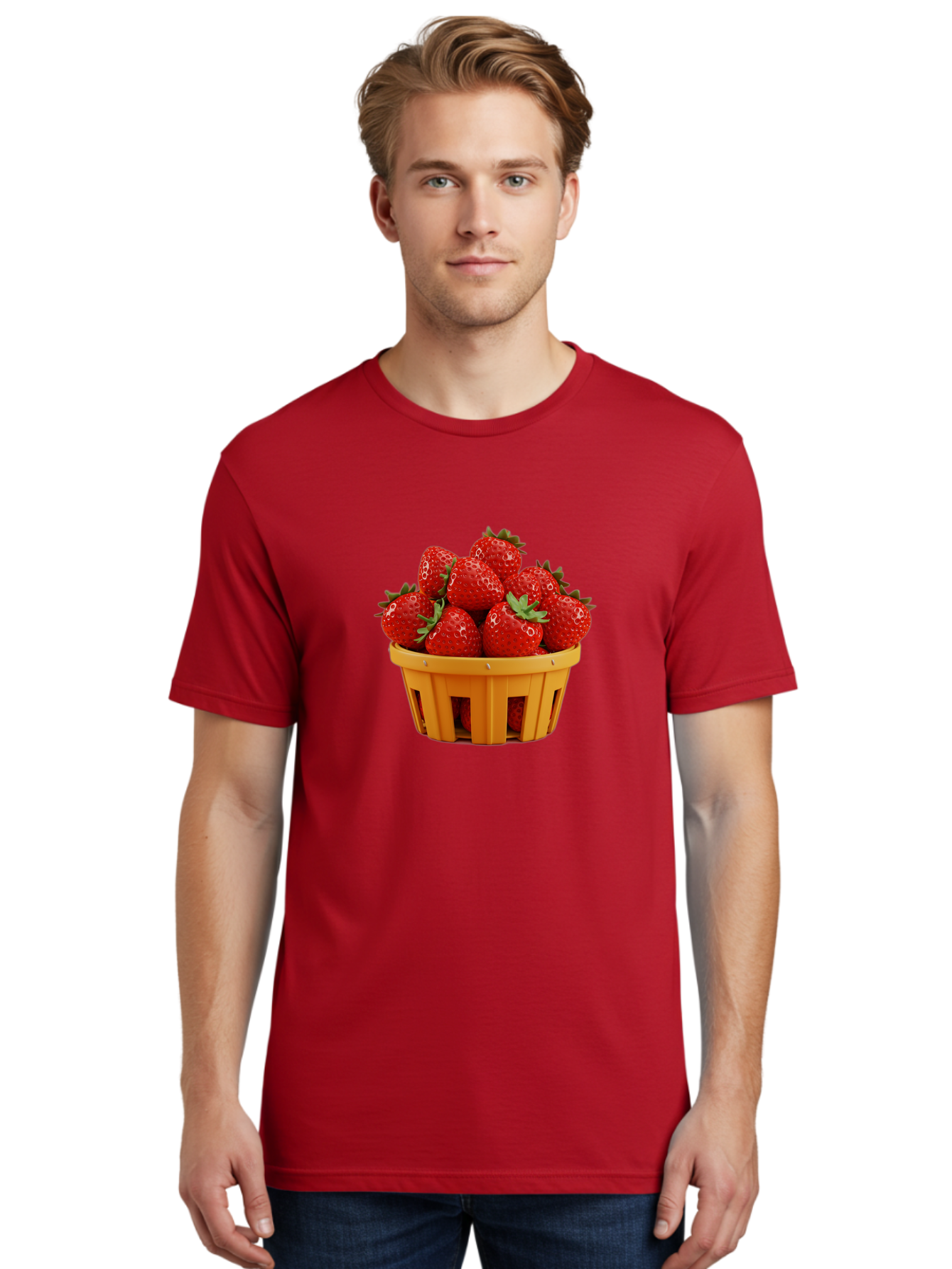 Strawberries-In-A-Yellow-Basket Men'S Graphic Tee, 100% Cotton, Comfortable Casual Summer Wear, Machine Washable, Basket Of Strawberries, Fresh Strawberries, Ripe Strawberries, Summer Fruits, Healthy Snack, Vibrant Red Strawberries, Bac459