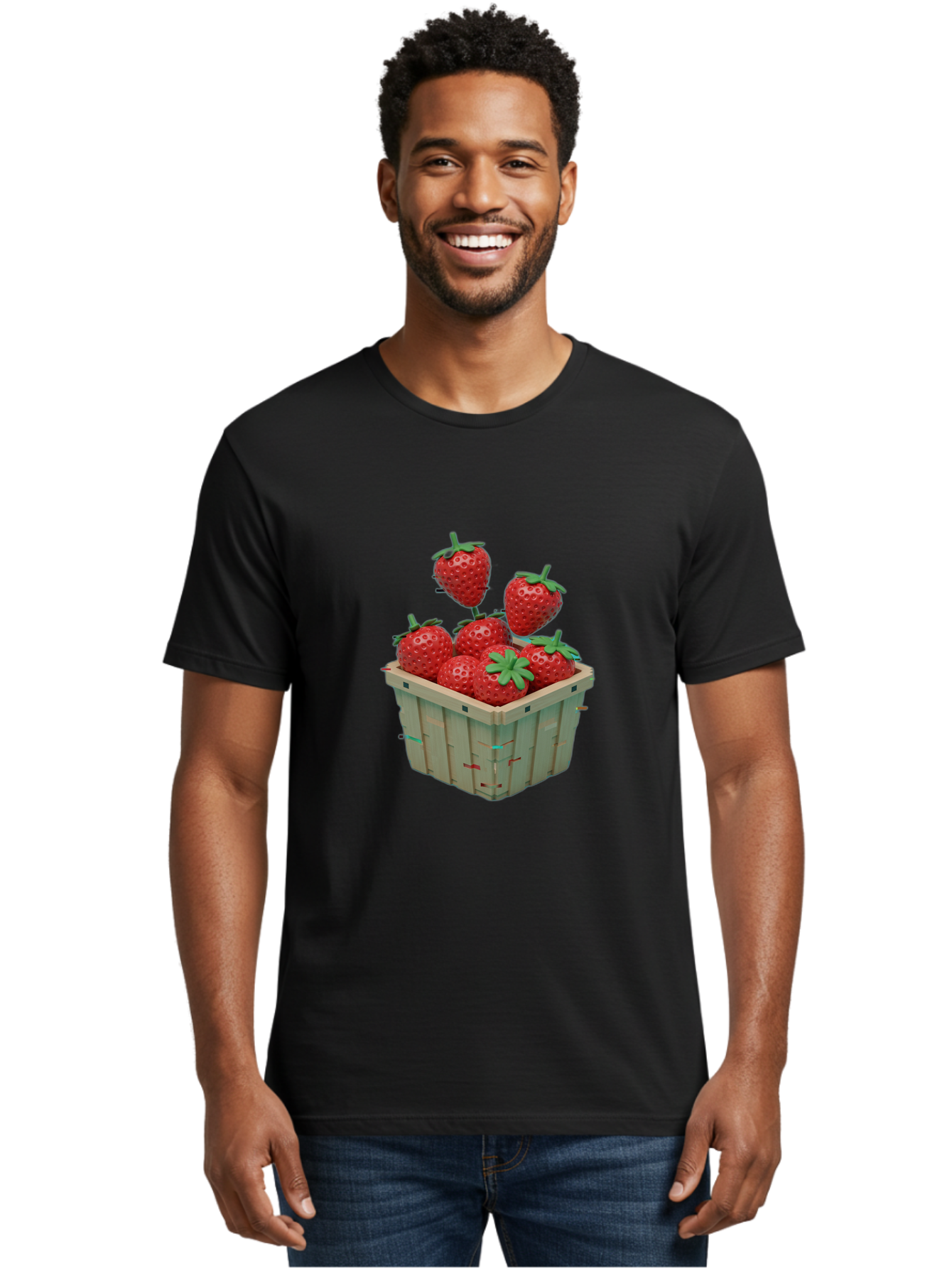 Strawberries-In-Basket Men'S Graphic Tee, 100% Cotton, Comfortable Casual Summer Wear, Machine Washable, Strawberries In Wooden Basket, Fresh Strawberries, Ripe Fruits, Healthy Snack, Basket Full Of Strawberries, Sweet Treats, Summer Fruits Bac460