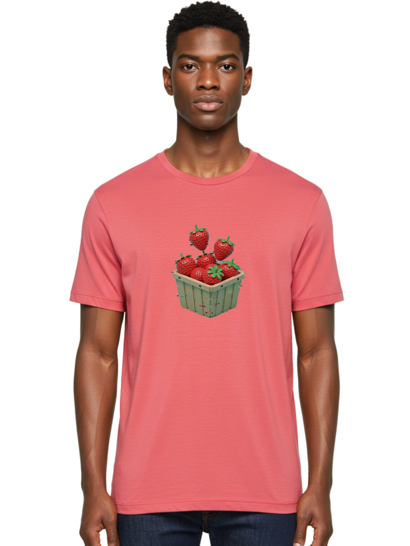 Strawberries-In-Basket Men'S Graphic Tee, 100% Cotton, Comfortable Casual Summer Wear, Machine Washable, Strawberries In Wooden Basket, Fresh Strawberries, Ripe Fruits, Healthy Snack, Basket Full Of Strawberries, Sweet Treats, Summer Fruits Bac460