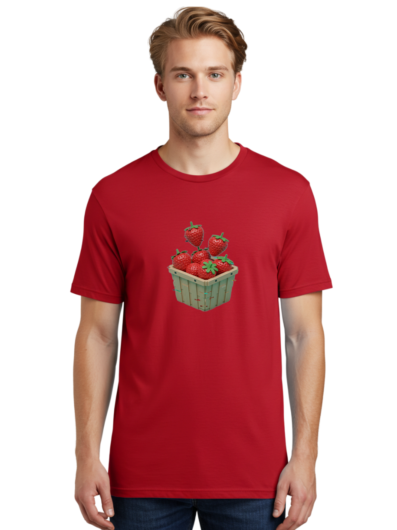 Strawberries-In-Basket Men'S Graphic Tee, 100% Cotton, Comfortable Casual Summer Wear, Machine Washable, Strawberries In Wooden Basket, Fresh Strawberries, Ripe Fruits, Healthy Snack, Basket Full Of Strawberries, Sweet Treats, Summer Fruits Bac460