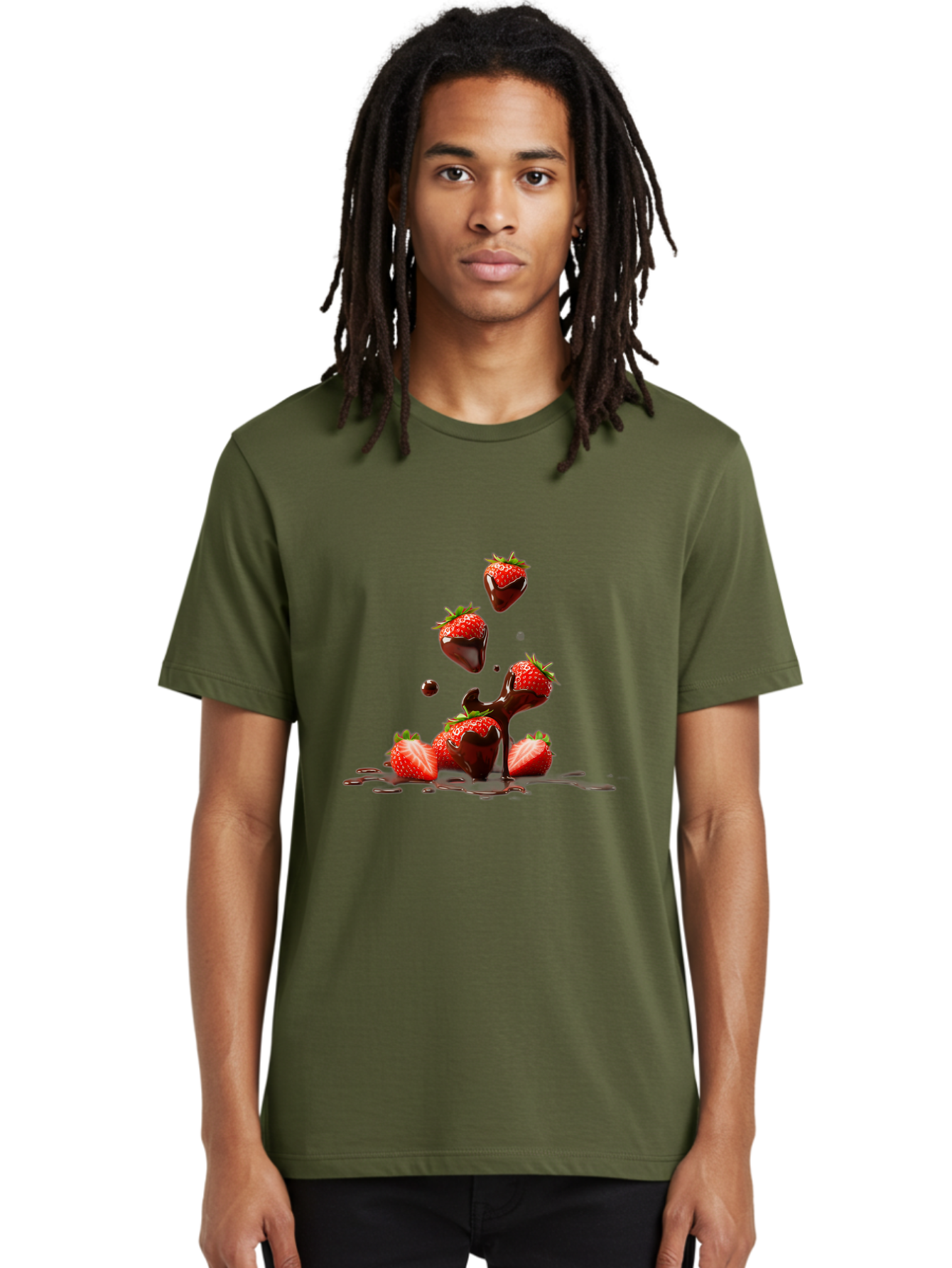 Strawberries-With-Chocolate Men'S Graphic Tee, 100% Cotton, Comfortable Casual Summer Wear, Machine Washable, Strawberries, Chocolate Sauce, Fresh Fruit, Dessert, Sweet Treats, Indulgent Delights, Ripe Strawberries, Chocolatey Goodness, Bac461