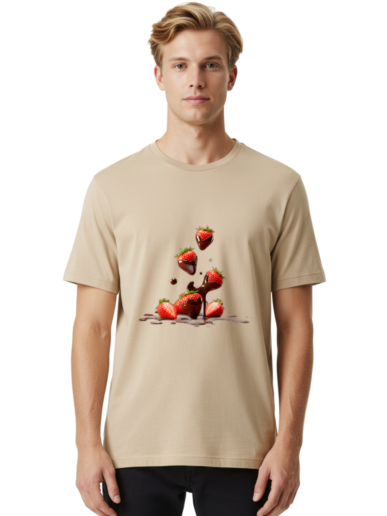 Strawberries-With-Chocolate Men'S Graphic Tee, 100% Cotton, Comfortable Casual Summer Wear, Machine Washable, Strawberries, Chocolate Sauce, Fresh Fruit, Dessert, Sweet Treats, Indulgent Delights, Ripe Strawberries, Chocolatey Goodness, Bac461