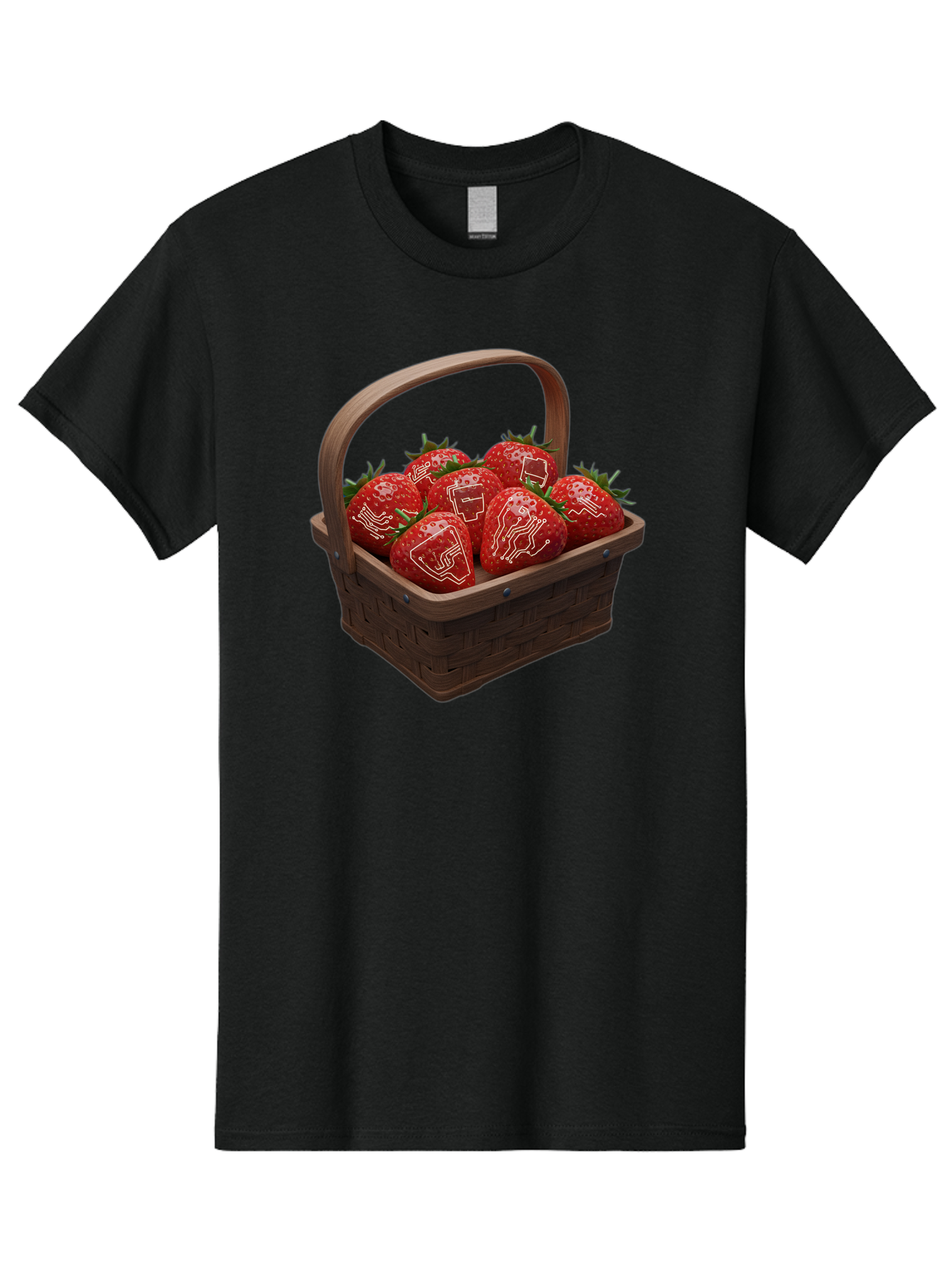 Strawberries-With-Robot-Faces Men'S Graphic Tee, 100% Cotton, Comfortable Casual Summer Wear, Machine Washable, Strawberries With Diagrams, Technical Drawings On Fruit, Wooden Basket, Fresh Strawberries, Technical Illustrations, Bac462
