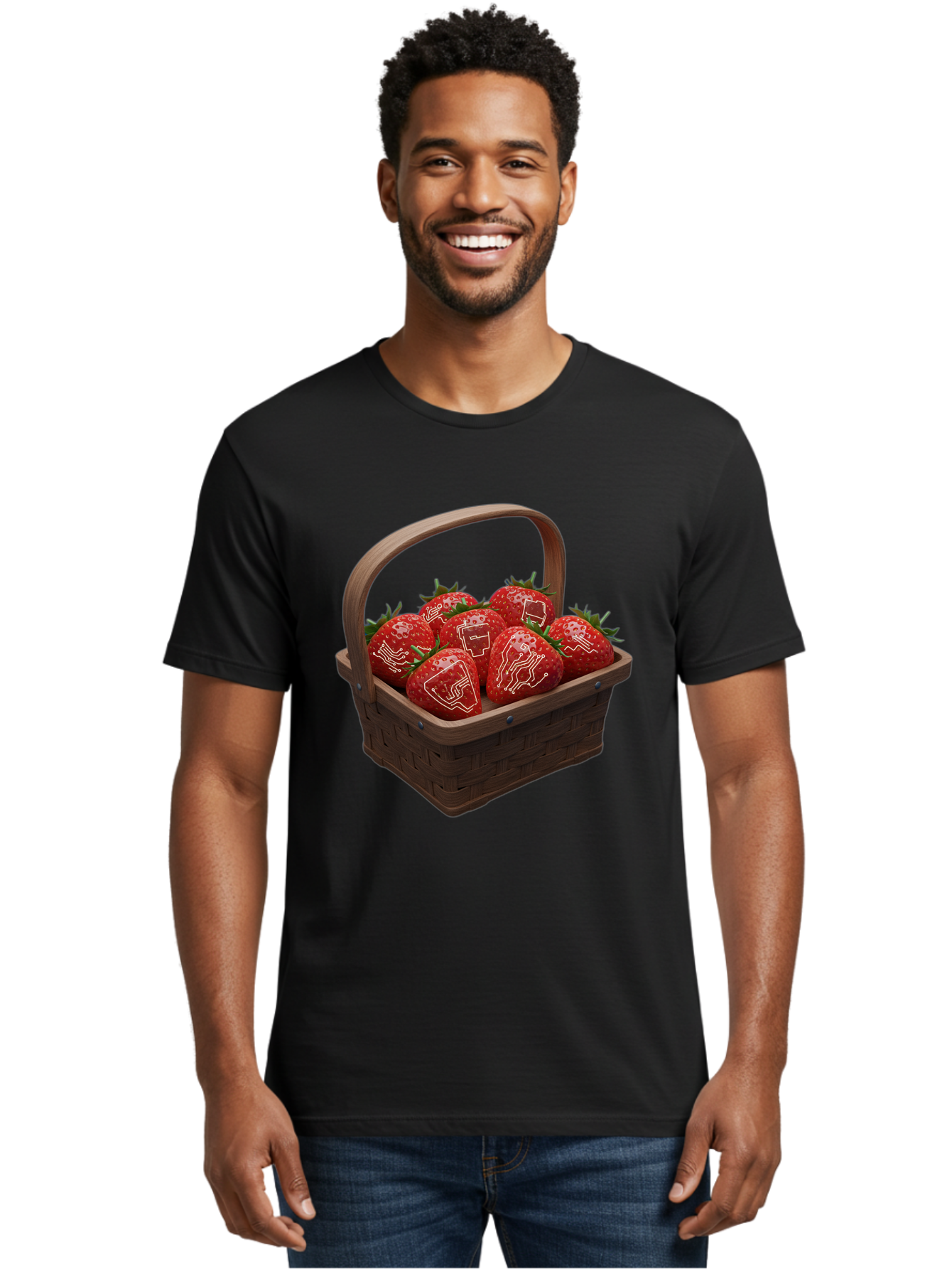 Strawberries-With-Robot-Faces Men'S Graphic Tee, 100% Cotton, Comfortable Casual Summer Wear, Machine Washable, Strawberries With Diagrams, Technical Drawings On Fruit, Wooden Basket, Fresh Strawberries, Technical Illustrations, Bac462