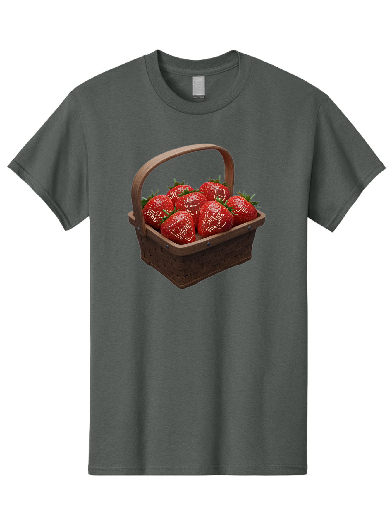 Strawberries-With-Robot-Faces Men'S Graphic Tee, 100% Cotton, Comfortable Casual Summer Wear, Machine Washable, Strawberries With Diagrams, Technical Drawings On Fruit, Wooden Basket, Fresh Strawberries, Technical Illustrations, Bac462