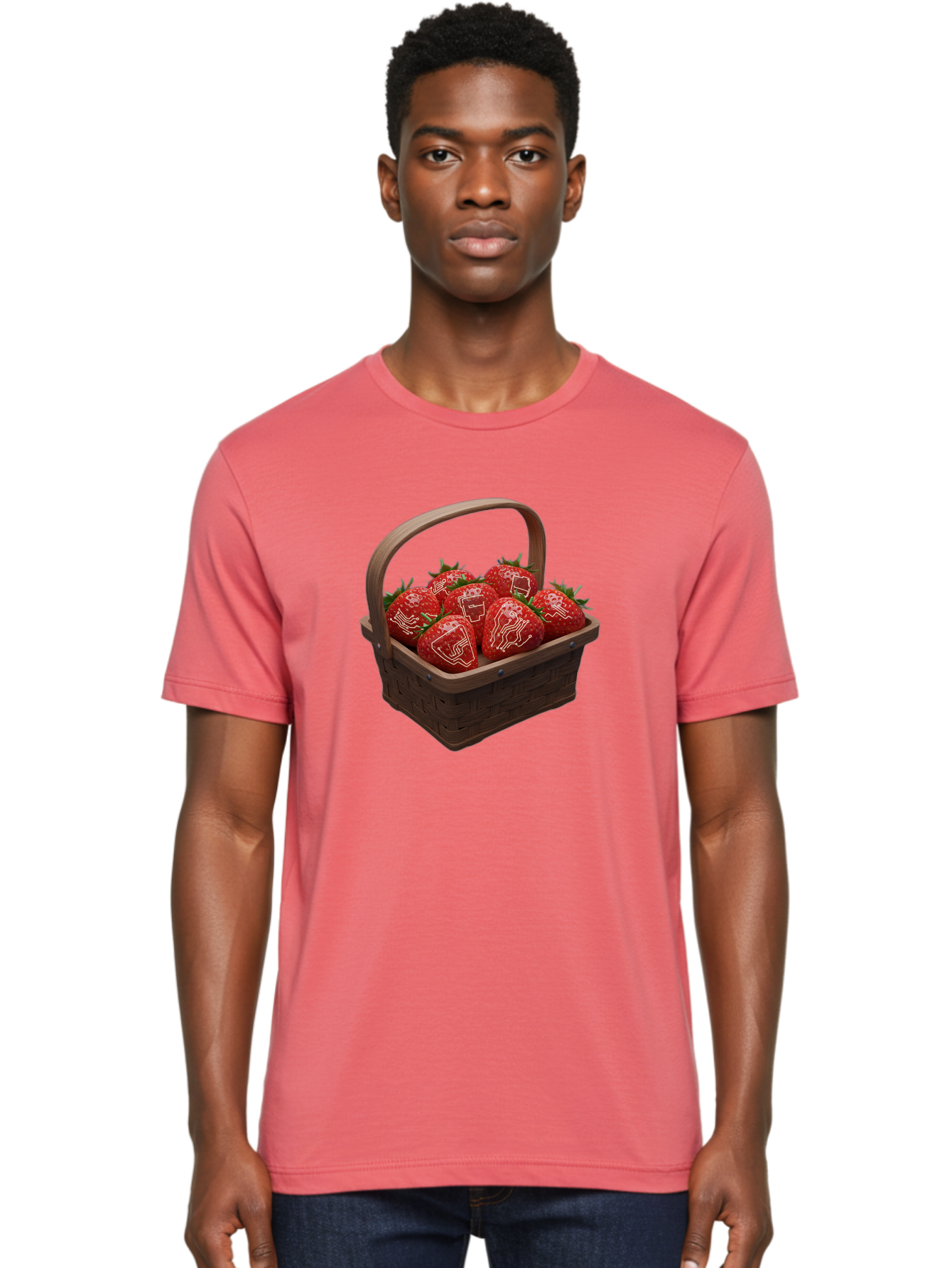 Strawberries-With-Robot-Faces Men'S Graphic Tee, 100% Cotton, Comfortable Casual Summer Wear, Machine Washable, Strawberries With Diagrams, Technical Drawings On Fruit, Wooden Basket, Fresh Strawberries, Technical Illustrations, Bac462