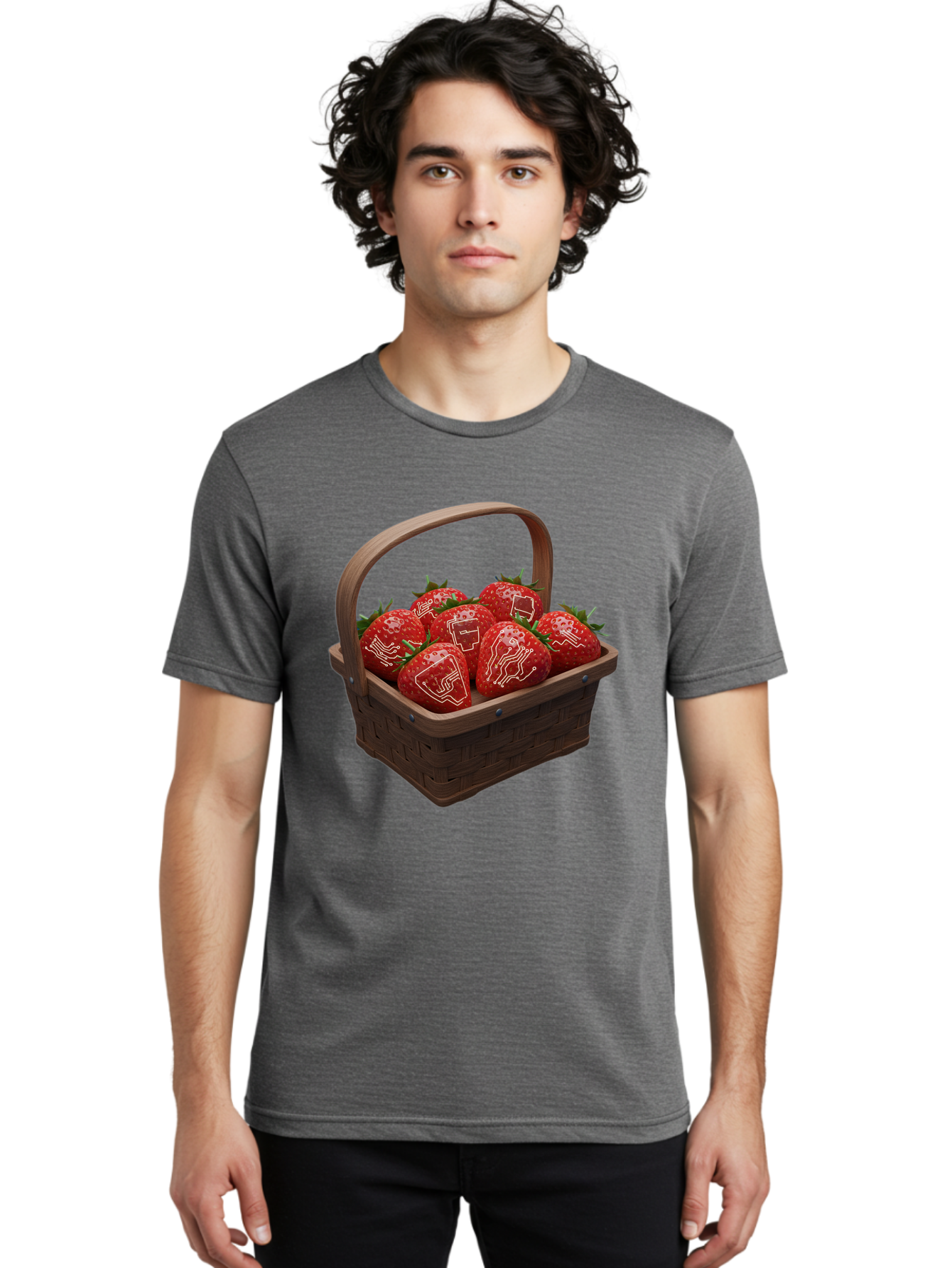 Strawberries-With-Robot-Faces Men'S Graphic Tee, 100% Cotton, Comfortable Casual Summer Wear, Machine Washable, Strawberries With Diagrams, Technical Drawings On Fruit, Wooden Basket, Fresh Strawberries, Technical Illustrations, Bac462