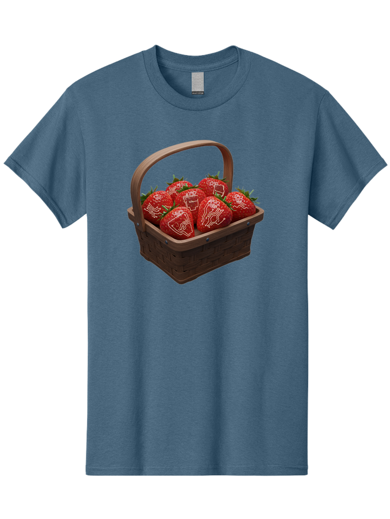 Strawberries-With-Robot-Faces Men'S Graphic Tee, 100% Cotton, Comfortable Casual Summer Wear, Machine Washable, Strawberries With Diagrams, Technical Drawings On Fruit, Wooden Basket, Fresh Strawberries, Technical Illustrations, Bac462