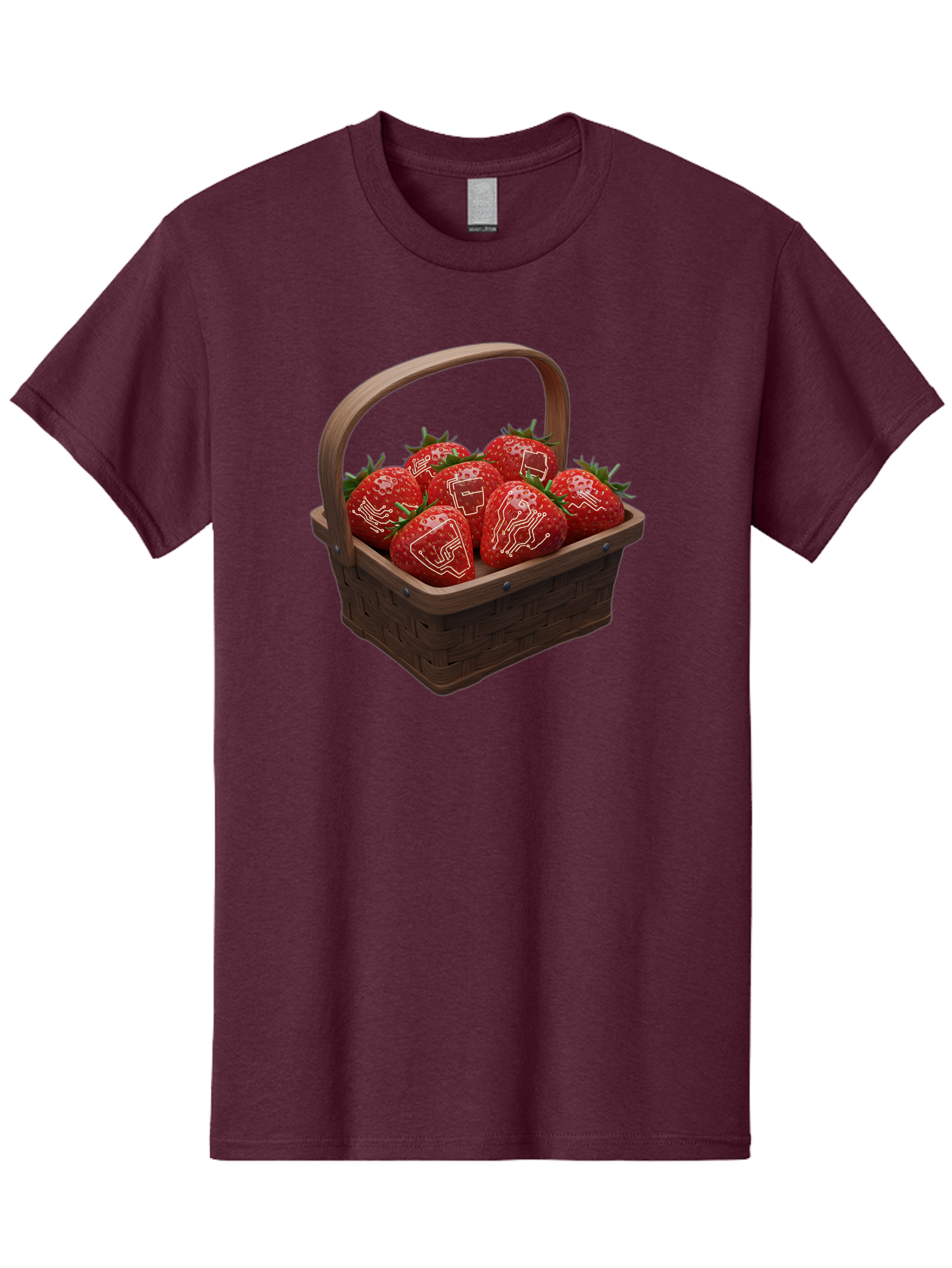 Strawberries-With-Robot-Faces Men'S Graphic Tee, 100% Cotton, Comfortable Casual Summer Wear, Machine Washable, Strawberries With Diagrams, Technical Drawings On Fruit, Wooden Basket, Fresh Strawberries, Technical Illustrations, Bac462