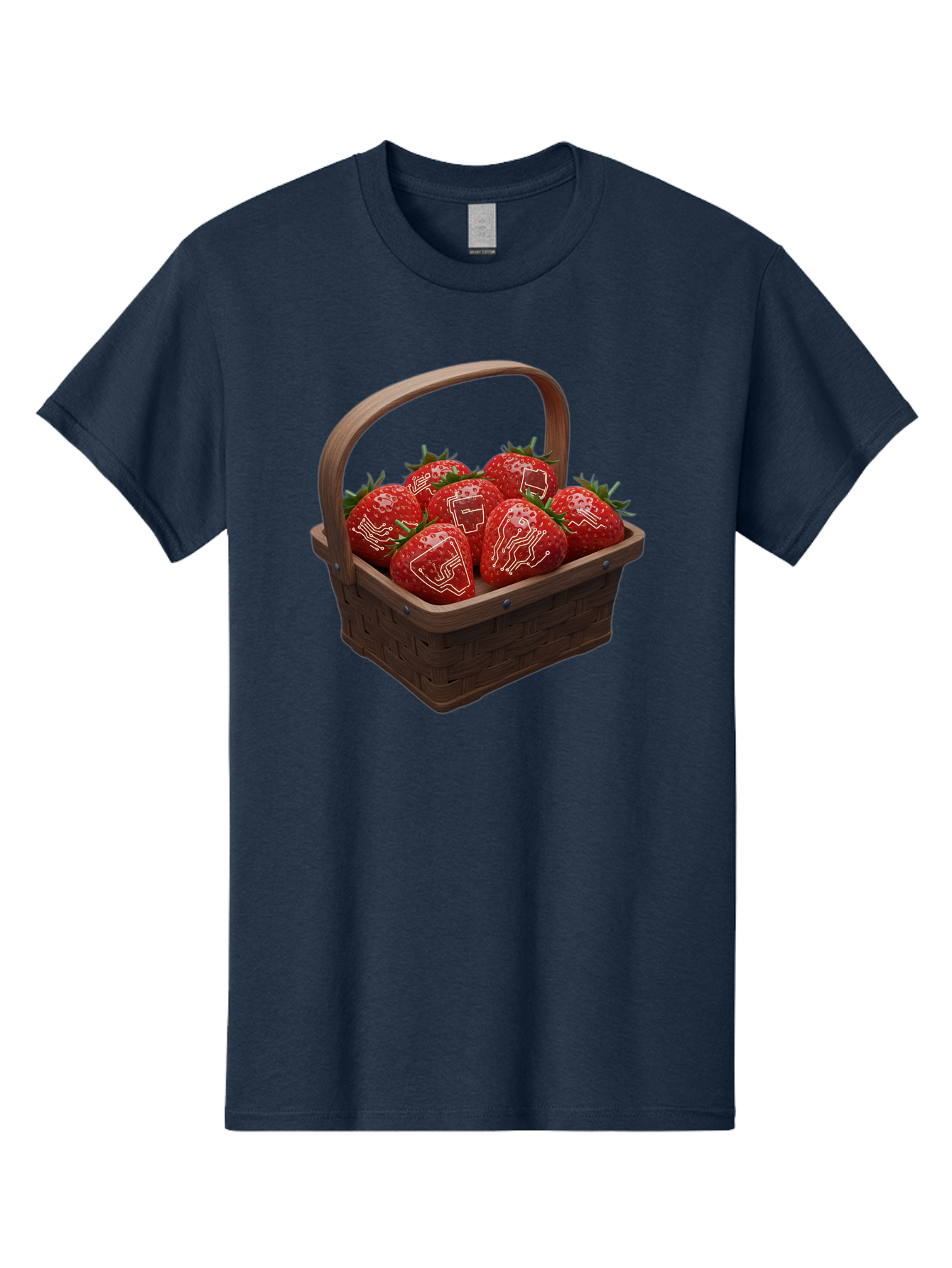 Strawberries-With-Robot-Faces Men'S Graphic Tee, 100% Cotton, Comfortable Casual Summer Wear, Machine Washable, Strawberries With Diagrams, Technical Drawings On Fruit, Wooden Basket, Fresh Strawberries, Technical Illustrations, Bac462