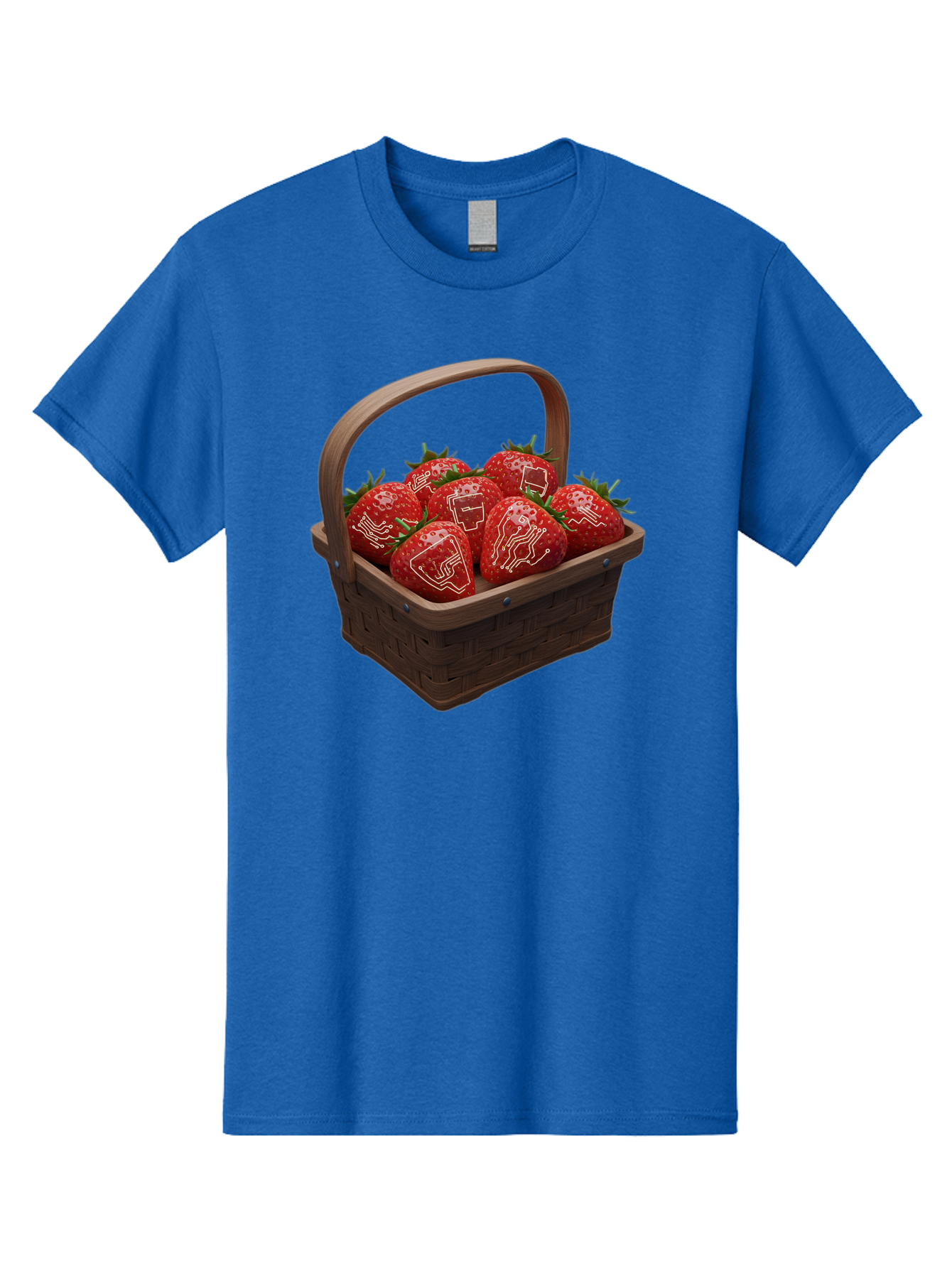 Strawberries-With-Robot-Faces Men'S Graphic Tee, 100% Cotton, Comfortable Casual Summer Wear, Machine Washable, Strawberries With Diagrams, Technical Drawings On Fruit, Wooden Basket, Fresh Strawberries, Technical Illustrations, Bac462