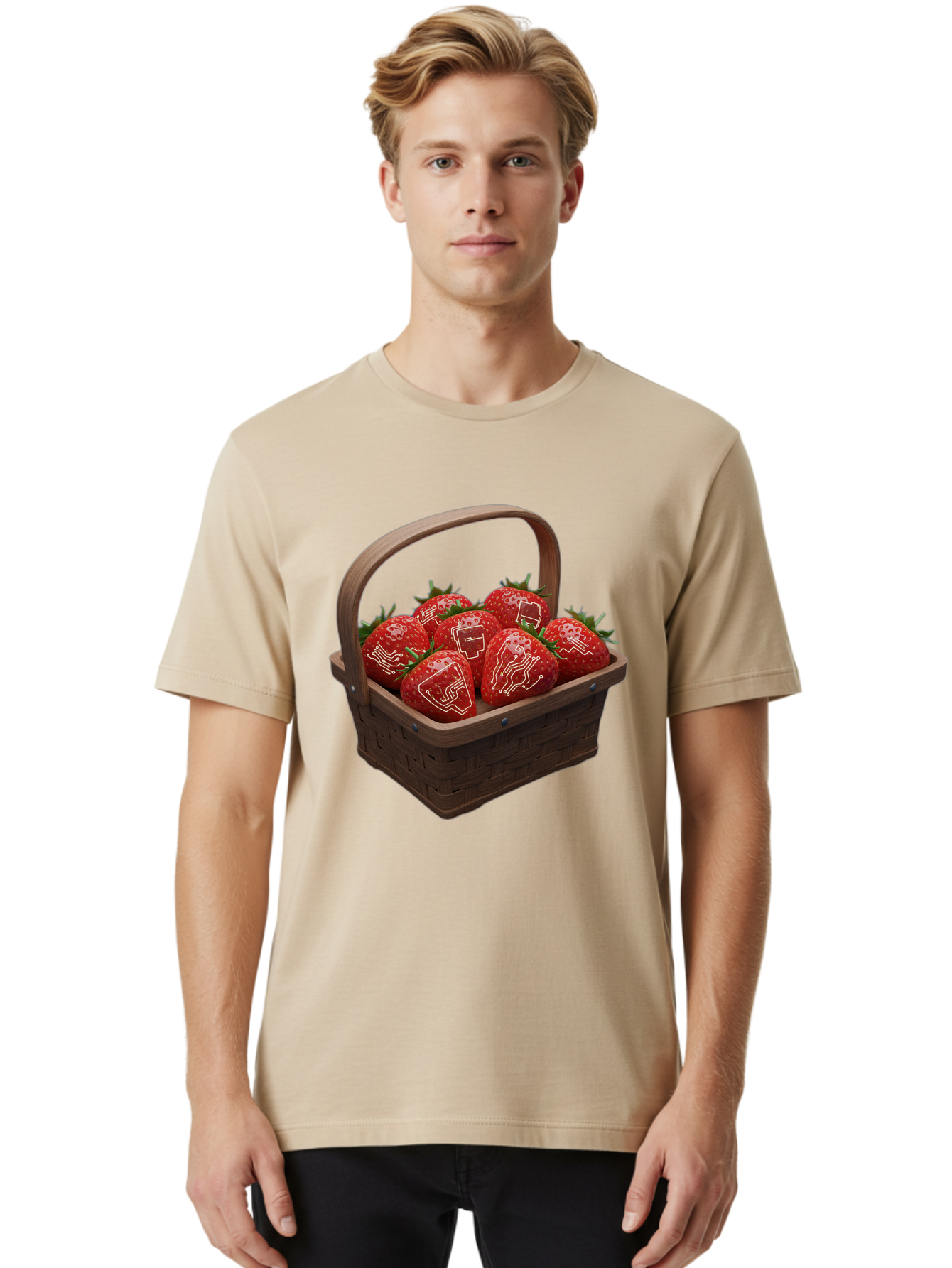 Strawberries-With-Robot-Faces Men'S Graphic Tee, 100% Cotton, Comfortable Casual Summer Wear, Machine Washable, Strawberries With Diagrams, Technical Drawings On Fruit, Wooden Basket, Fresh Strawberries, Technical Illustrations, Bac462