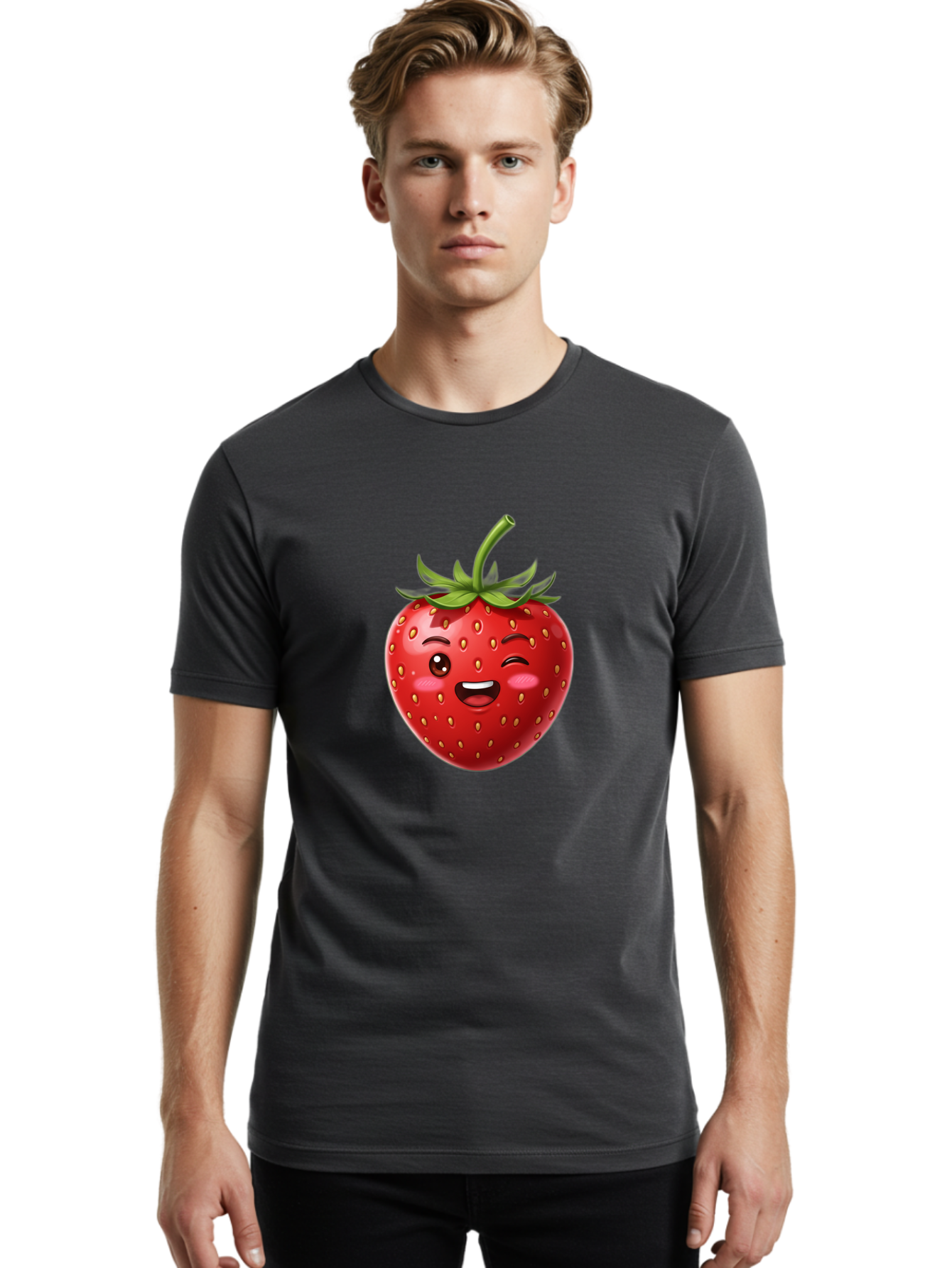 Strawberry-1 Men'S Graphic Tee, 100% Cotton, Comfortable Casual Summer Wear, Machine Washable, Winking Strawberry Emoji, Cartoon Strawberry, Funny Fruit, Red Strawberry, Smiling Face, Cute Character, Playful Emoji, Winking Face, Bac464