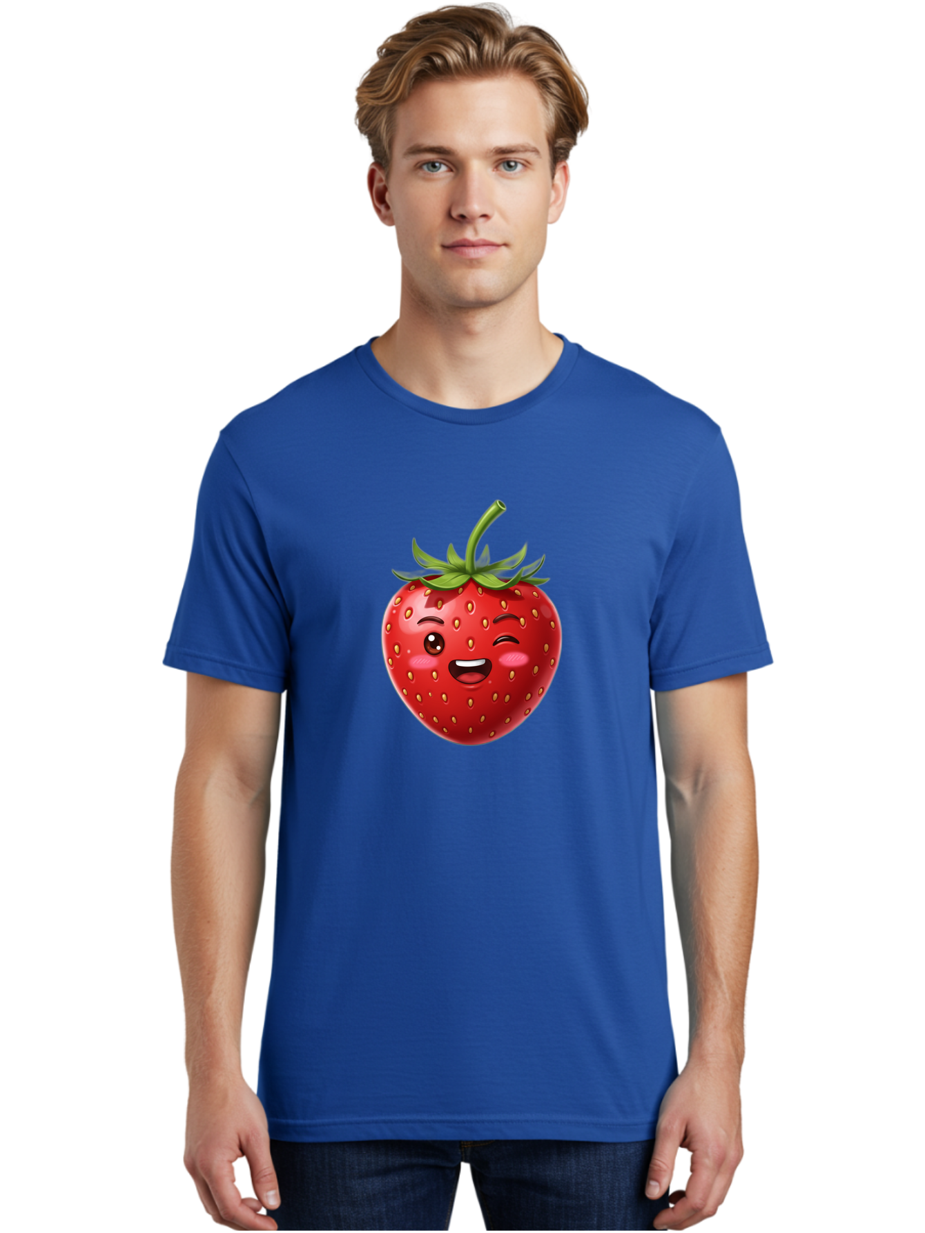 Strawberry-1 Men'S Graphic Tee, 100% Cotton, Comfortable Casual Summer Wear, Machine Washable, Winking Strawberry Emoji, Cartoon Strawberry, Funny Fruit, Red Strawberry, Smiling Face, Cute Character, Playful Emoji, Winking Face, Bac464