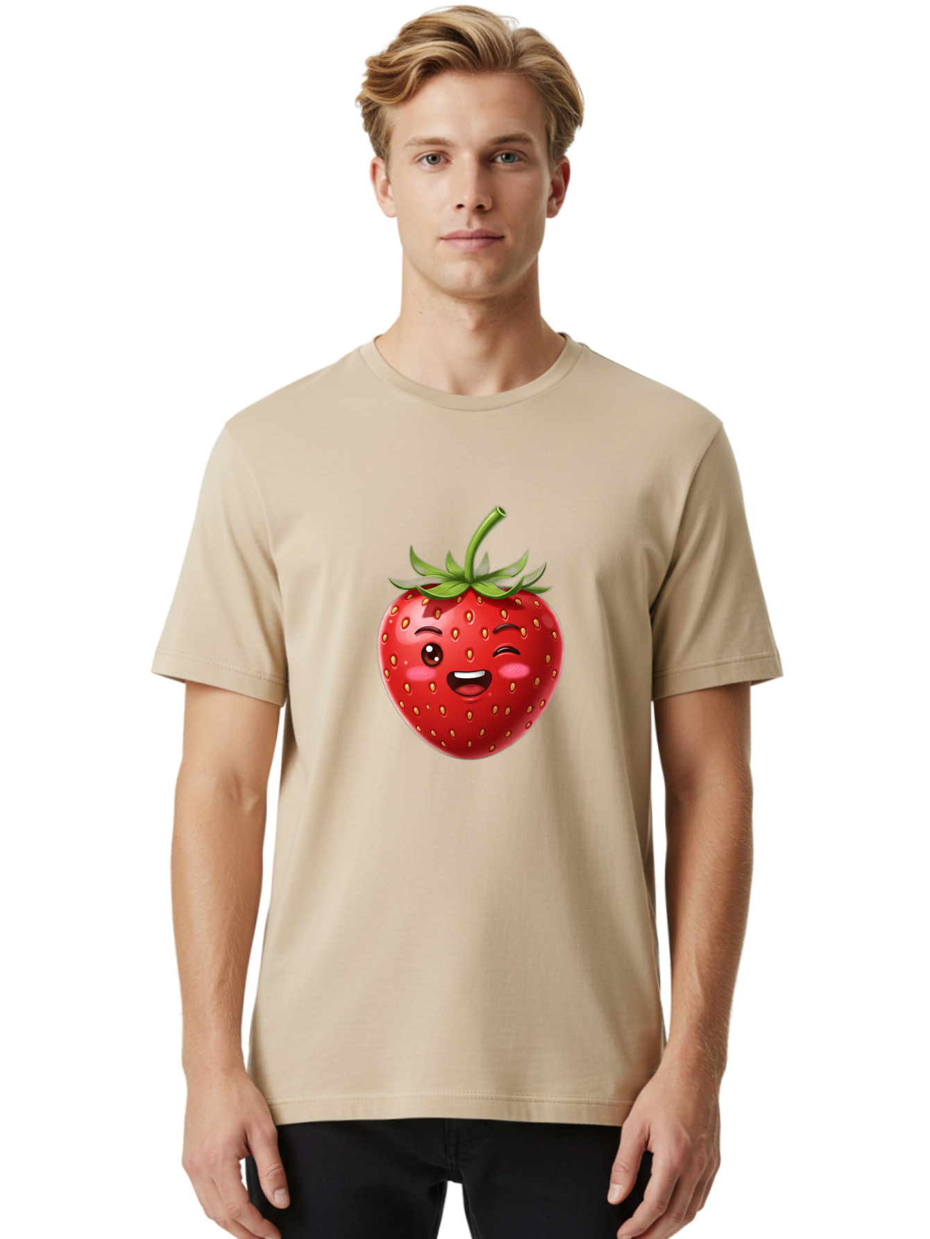 Strawberry-1 Men'S Graphic Tee, 100% Cotton, Comfortable Casual Summer Wear, Machine Washable, Winking Strawberry Emoji, Cartoon Strawberry, Funny Fruit, Red Strawberry, Smiling Face, Cute Character, Playful Emoji, Winking Face, Bac464