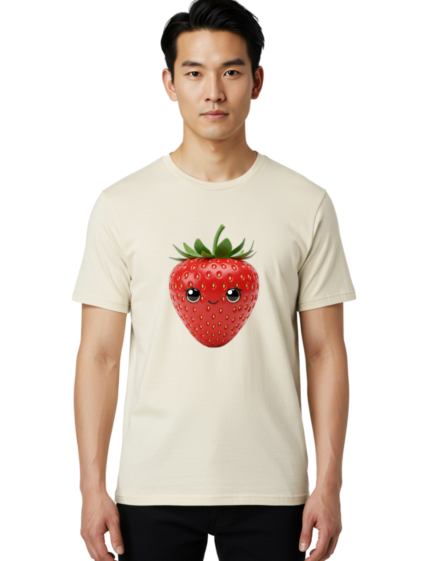 Strawberry-2 Men'S Graphic Tee, 100% Cotton, Comfortable Casual Summer Wear, Machine Washable, Cartoon Strawberry, Cute Fruit, Smiling Face, Adorable Character, Kawaii Design, Fruit Illustration, Red Strawberry, Funny Face, Cartoon Character, Bac465