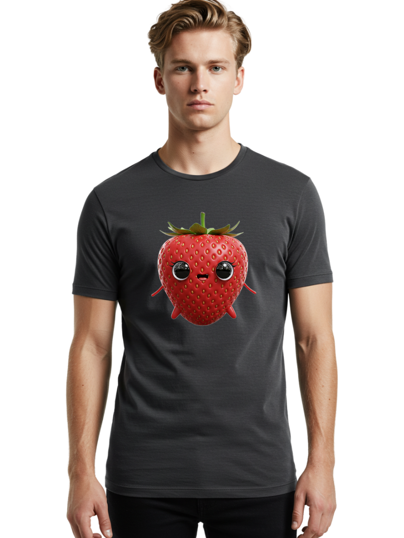 Strawberry-3 Men'S Graphic Tee, 100% Cotton, Comfortable Casual Summer Wear, Machine Washable, Cartoon Strawberry, Animated Fruit, Funny Character, Red Strawberry, Cute Face, Kawaii Art, Fruit Illustration, Playful Design, Digital Art, Bac466