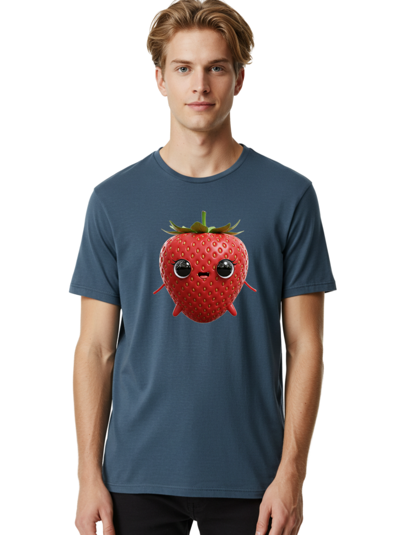 Strawberry-3 Men'S Graphic Tee, 100% Cotton, Comfortable Casual Summer Wear, Machine Washable, Cartoon Strawberry, Animated Fruit, Funny Character, Red Strawberry, Cute Face, Kawaii Art, Fruit Illustration, Playful Design, Digital Art, Bac466