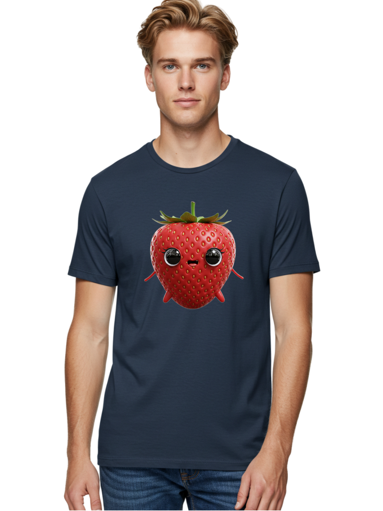 Strawberry-3 Men'S Graphic Tee, 100% Cotton, Comfortable Casual Summer Wear, Machine Washable, Cartoon Strawberry, Animated Fruit, Funny Character, Red Strawberry, Cute Face, Kawaii Art, Fruit Illustration, Playful Design, Digital Art, Bac466