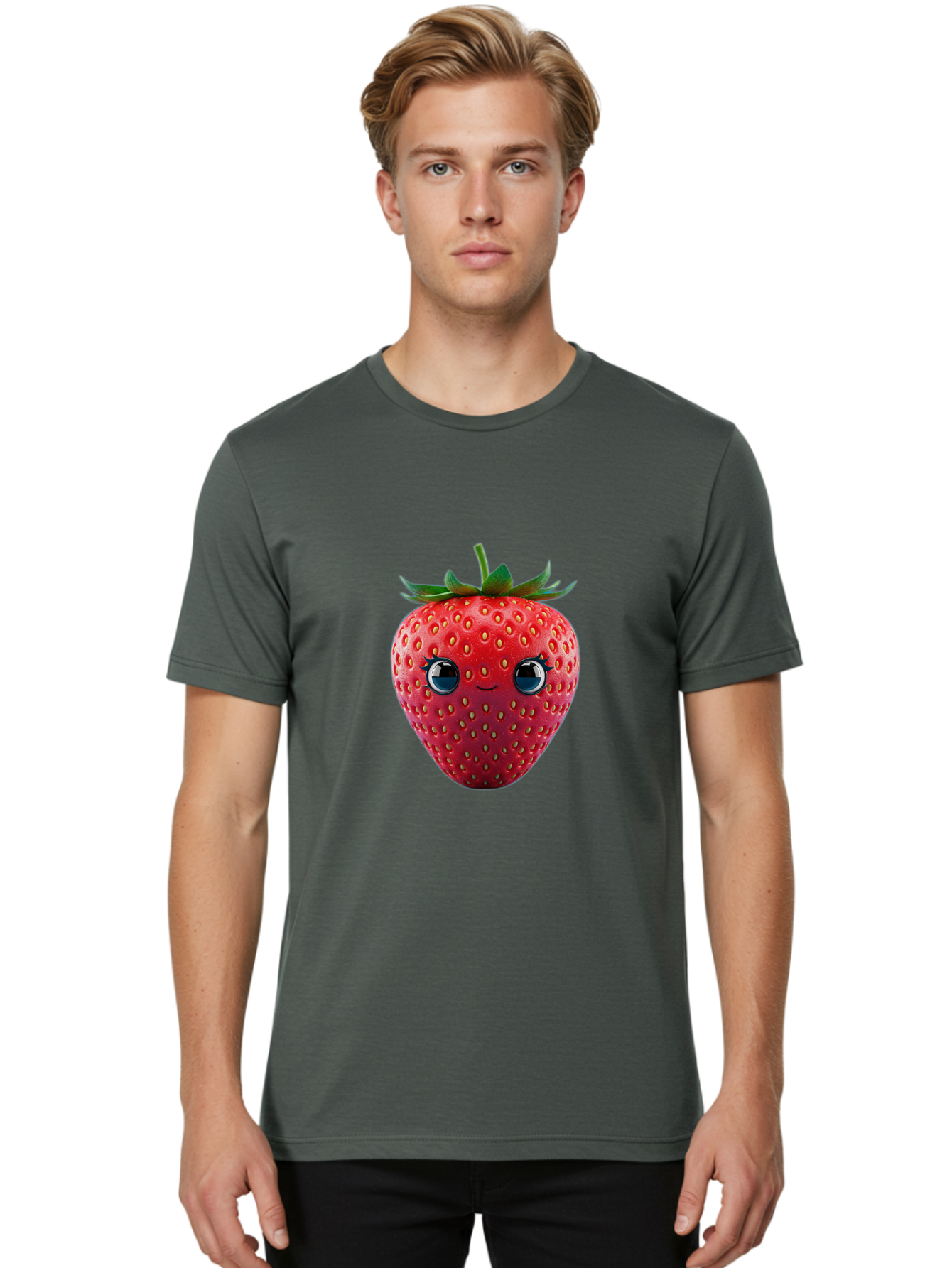 Strawberry-4 Men'S Graphic Tee, 100% Cotton, Comfortable Casual Summer Wear, Machine Washable, Cartoon Strawberry, Strawberry With Face, Smiling Fruit, Red Strawberry, Cute Character, Kawaii, Happy Strawberry, 3D Illustration, Adorable Design Bac467