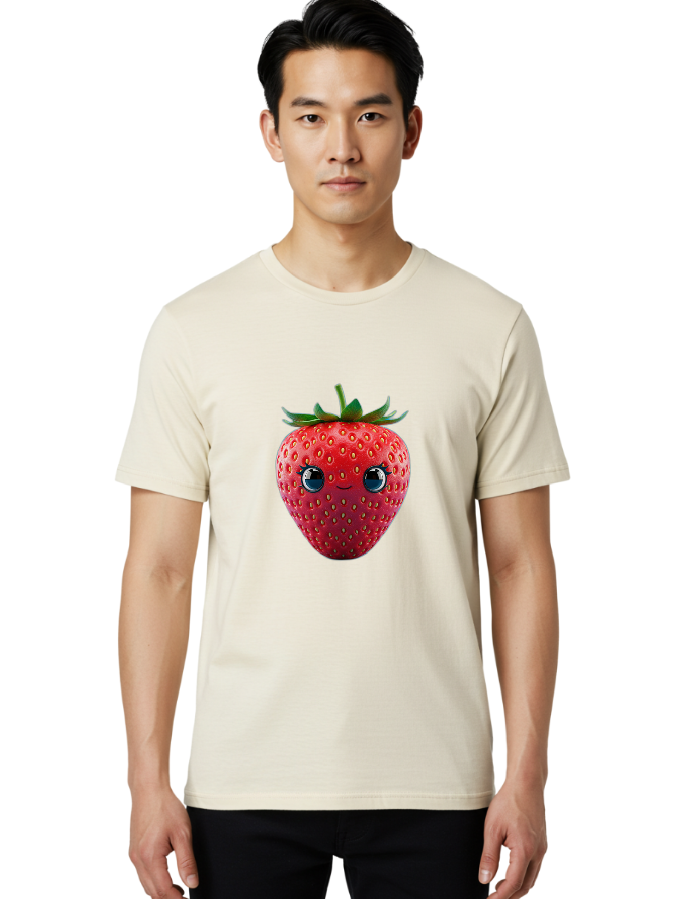 Strawberry-4 Men'S Graphic Tee, 100% Cotton, Comfortable Casual Summer Wear, Machine Washable, Cartoon Strawberry, Strawberry With Face, Smiling Fruit, Red Strawberry, Cute Character, Kawaii, Happy Strawberry, 3D Illustration, Adorable Design Bac467