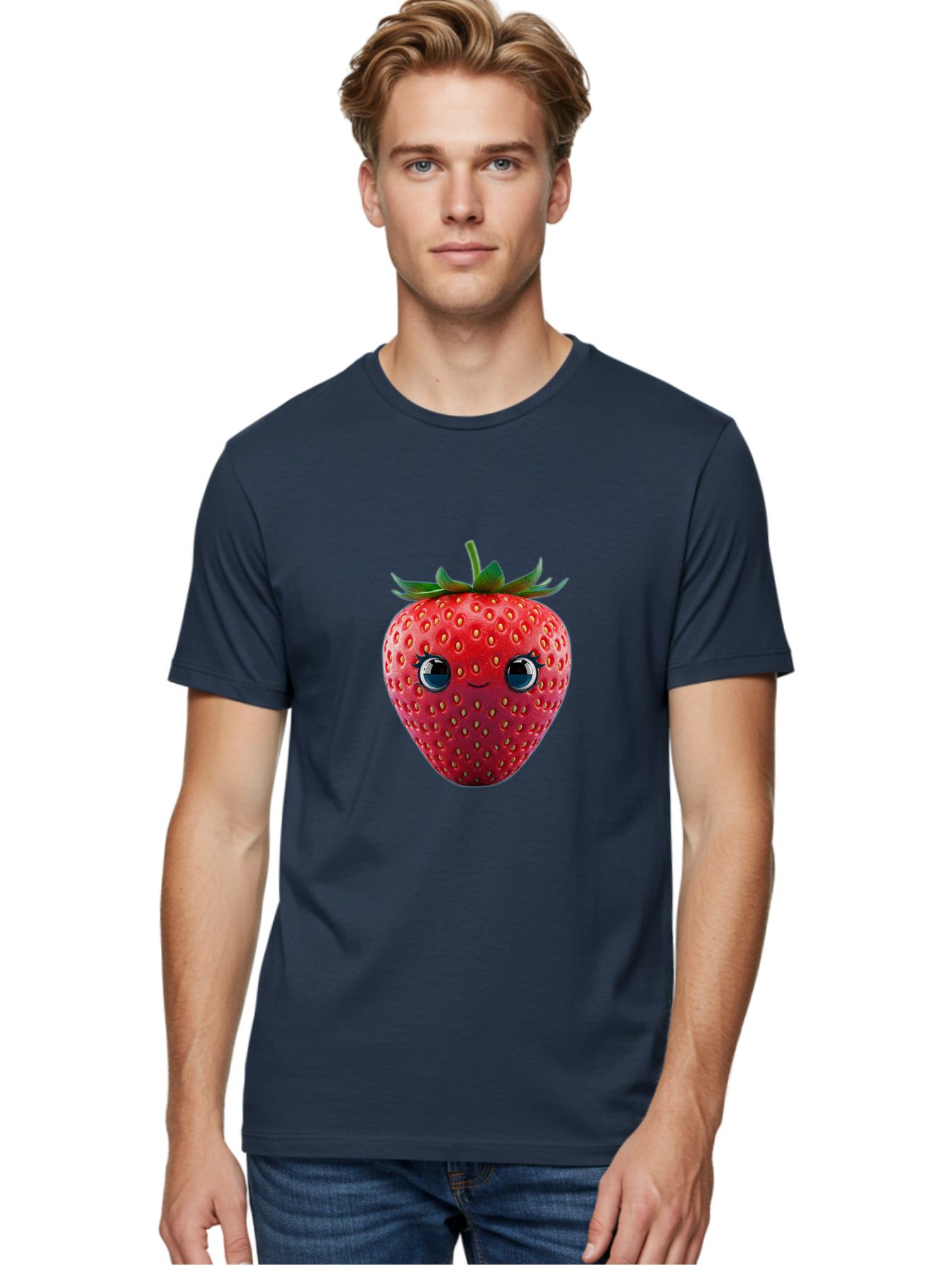 Strawberry-4 Men'S Graphic Tee, 100% Cotton, Comfortable Casual Summer Wear, Machine Washable, Cartoon Strawberry, Strawberry With Face, Smiling Fruit, Red Strawberry, Cute Character, Kawaii, Happy Strawberry, 3D Illustration, Adorable Design Bac467