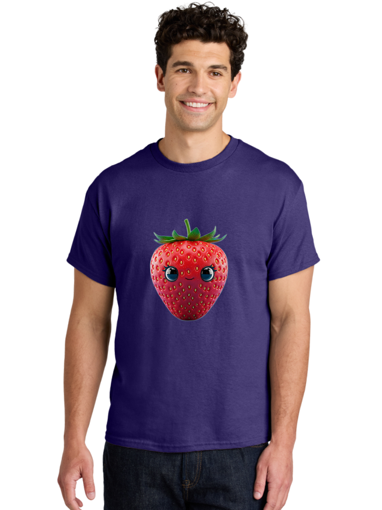 Strawberry-4 Men'S Graphic Tee, 100% Cotton, Comfortable Casual Summer Wear, Machine Washable, Cartoon Strawberry, Strawberry With Face, Smiling Fruit, Red Strawberry, Cute Character, Kawaii, Happy Strawberry, 3D Illustration, Adorable Design Bac467