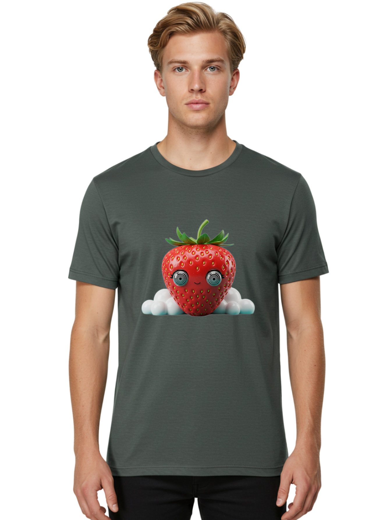 Strawberry-6 Men'S Graphic Tee, 100% Cotton, Comfortable Casual Summer Wear, Machine Washable, Cartoon Strawberry, Spiral Eyes, Cute Character, Sweet Fruit, Playful Design, Quirky Illustration, Fun And Vibrant, Summer Treat, Healthy Snack, Bac469
