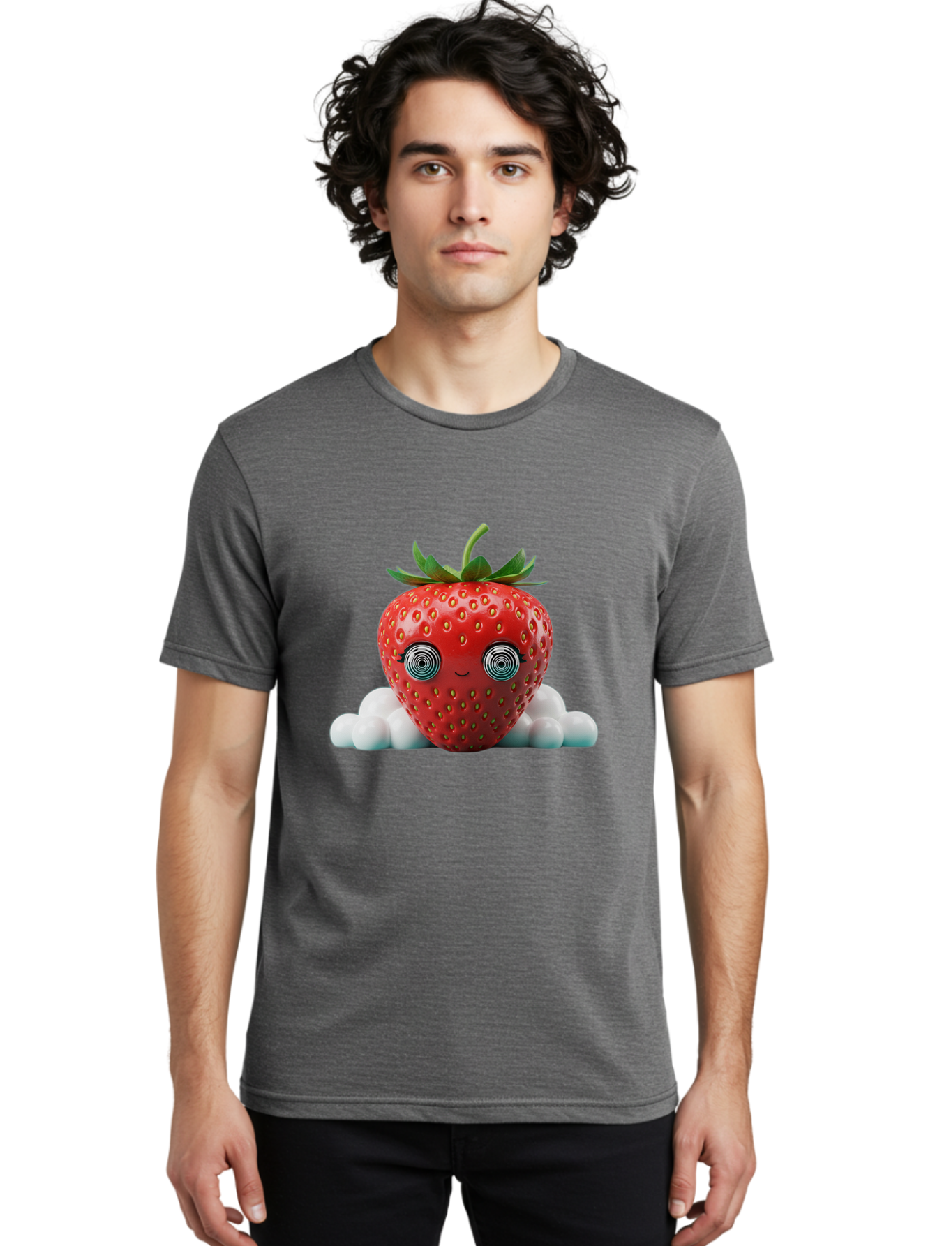 Strawberry-6 Men'S Graphic Tee, 100% Cotton, Comfortable Casual Summer Wear, Machine Washable, Cartoon Strawberry, Spiral Eyes, Cute Character, Sweet Fruit, Playful Design, Quirky Illustration, Fun And Vibrant, Summer Treat, Healthy Snack, Bac469