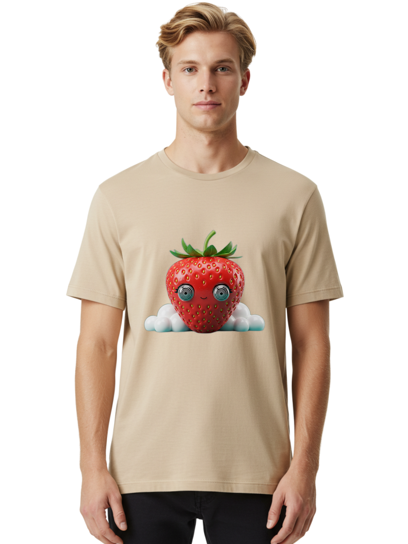 Strawberry-6 Men'S Graphic Tee, 100% Cotton, Comfortable Casual Summer Wear, Machine Washable, Cartoon Strawberry, Spiral Eyes, Cute Character, Sweet Fruit, Playful Design, Quirky Illustration, Fun And Vibrant, Summer Treat, Healthy Snack, Bac469