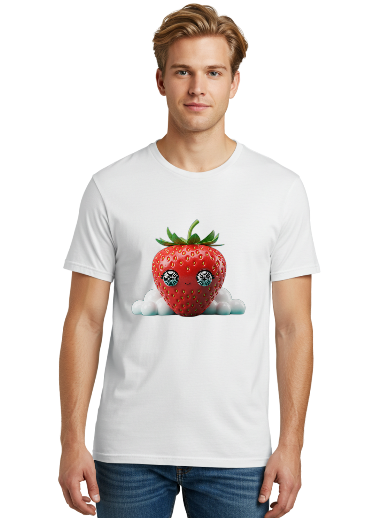 Strawberry-6 Men'S Graphic Tee, 100% Cotton, Comfortable Casual Summer Wear, Machine Washable, Cartoon Strawberry, Spiral Eyes, Cute Character, Sweet Fruit, Playful Design, Quirky Illustration, Fun And Vibrant, Summer Treat, Healthy Snack, Bac469