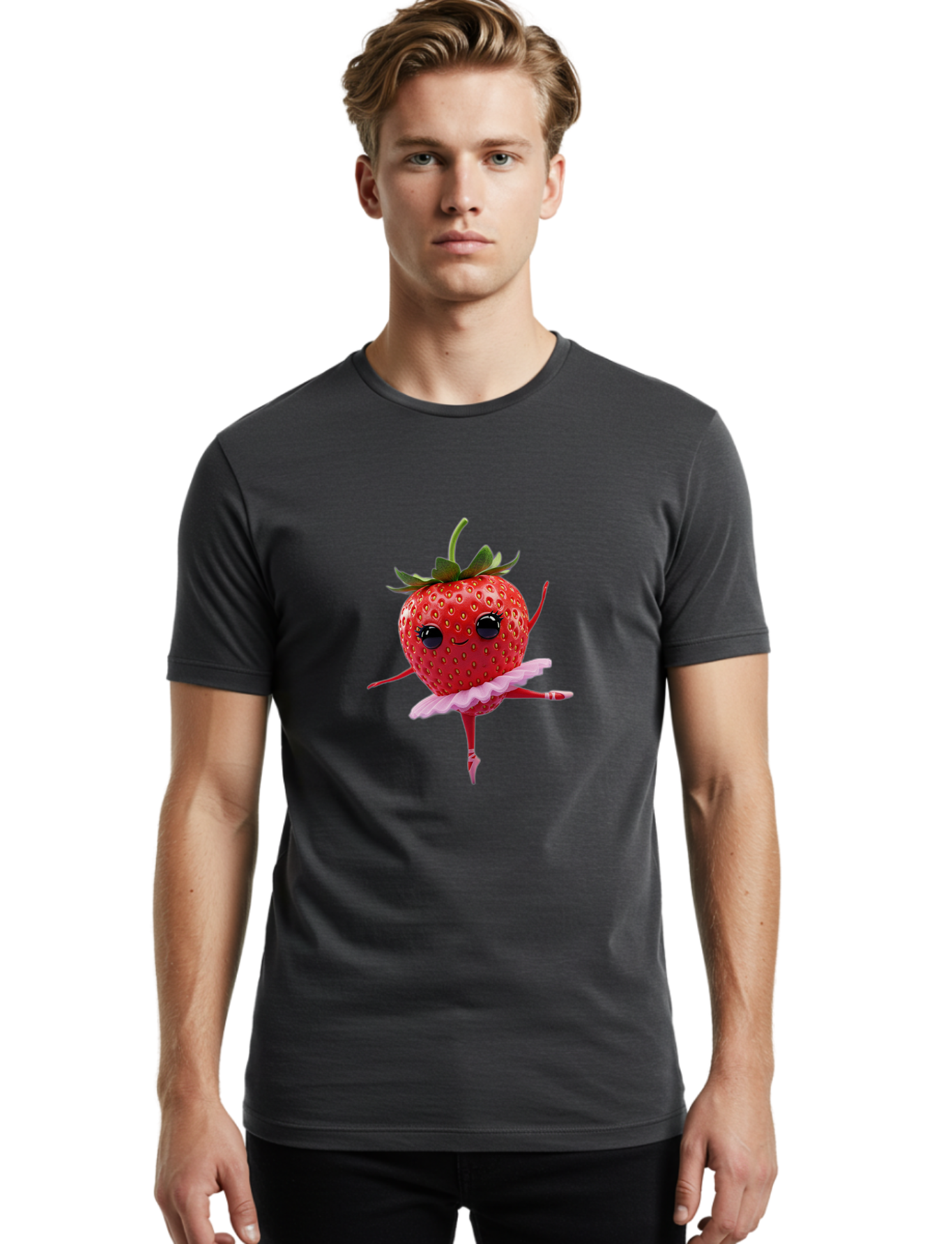 Strawberry-Ballerina Men'S Graphic Tee, 100% Cotton, Comfortable Casual Summer Wear, Machine Washable, Smiling Strawberry, Ballerina Strawberry, Dancing Fruit, Pink Tutu, Cartoon Character, Cute Illustration, Playful Design, Whimsical Art Bac471