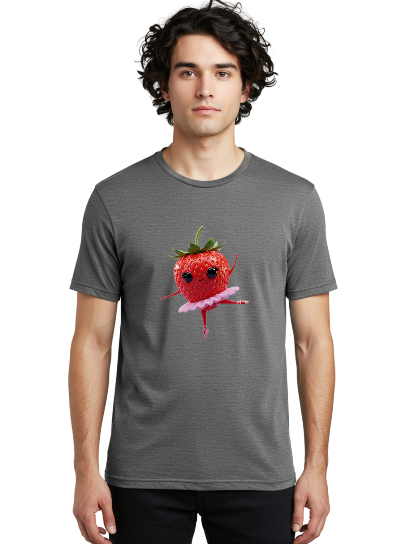 Strawberry-Ballerina Men'S Graphic Tee, 100% Cotton, Comfortable Casual Summer Wear, Machine Washable, Smiling Strawberry, Ballerina Strawberry, Dancing Fruit, Pink Tutu, Cartoon Character, Cute Illustration, Playful Design, Whimsical Art Bac471
