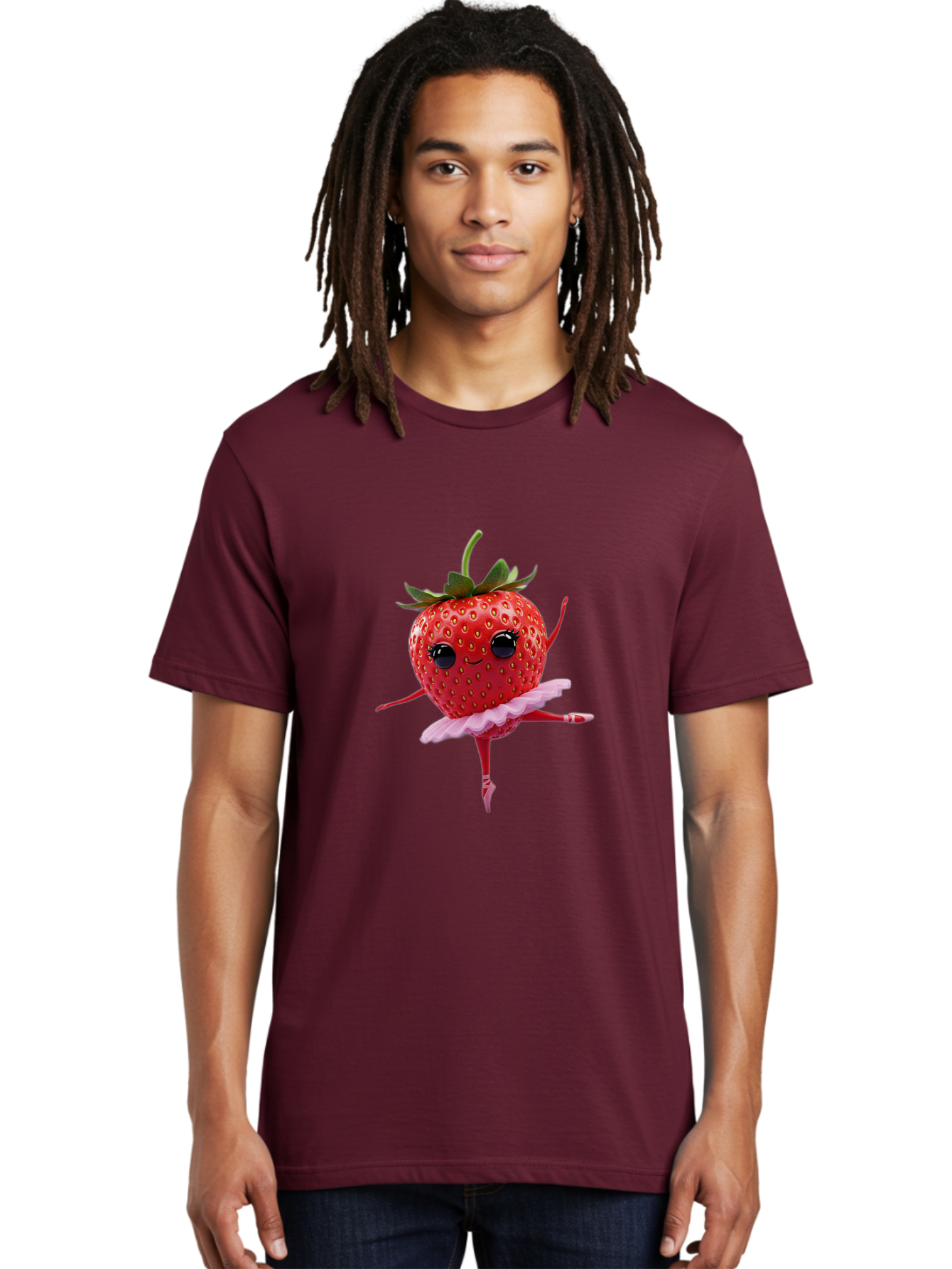 Strawberry-Ballerina Men'S Graphic Tee, 100% Cotton, Comfortable Casual Summer Wear, Machine Washable, Smiling Strawberry, Ballerina Strawberry, Dancing Fruit, Pink Tutu, Cartoon Character, Cute Illustration, Playful Design, Whimsical Art Bac471