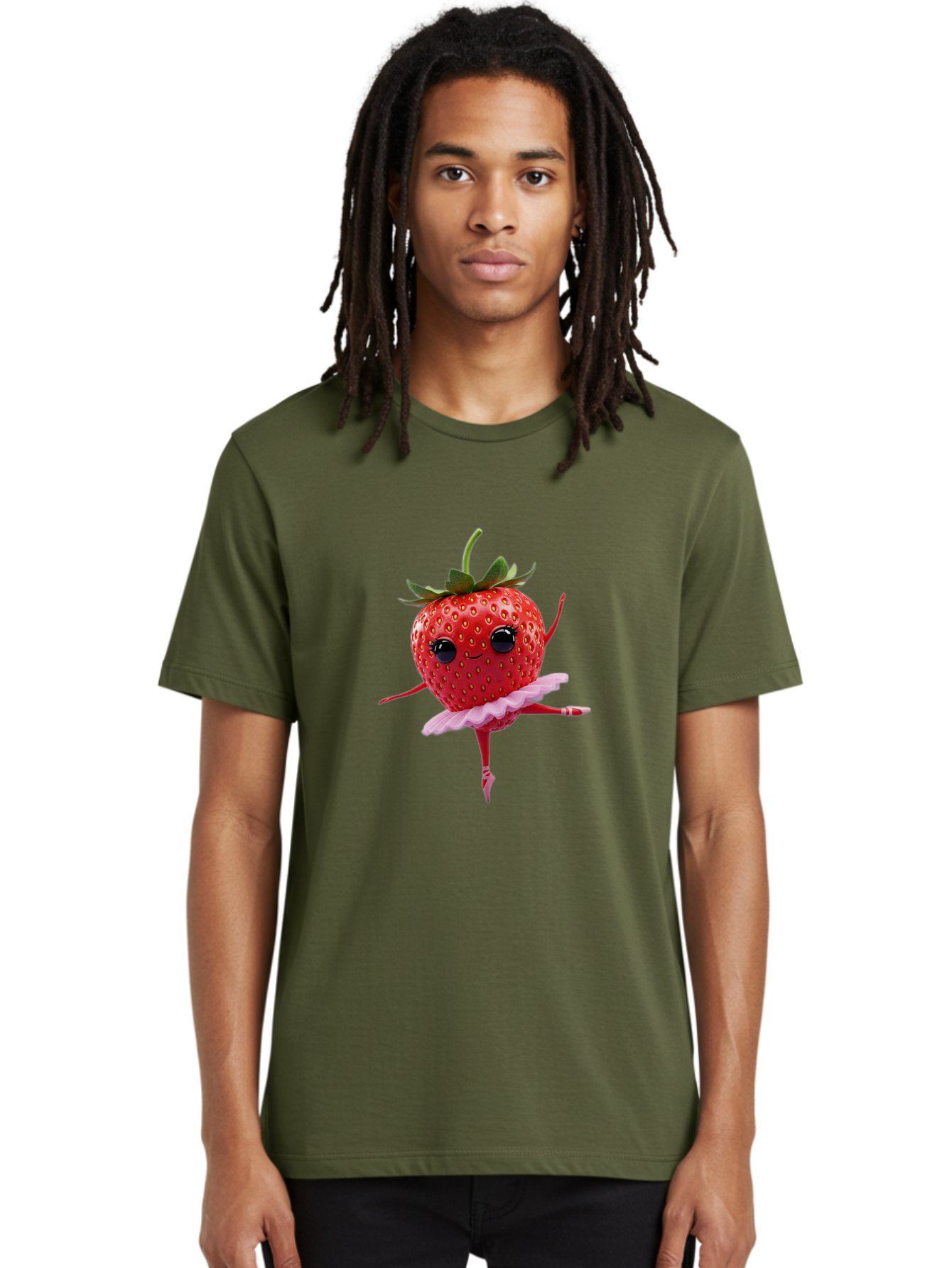 Strawberry-Ballerina Men'S Graphic Tee, 100% Cotton, Comfortable Casual Summer Wear, Machine Washable, Smiling Strawberry, Ballerina Strawberry, Dancing Fruit, Pink Tutu, Cartoon Character, Cute Illustration, Playful Design, Whimsical Art Bac471