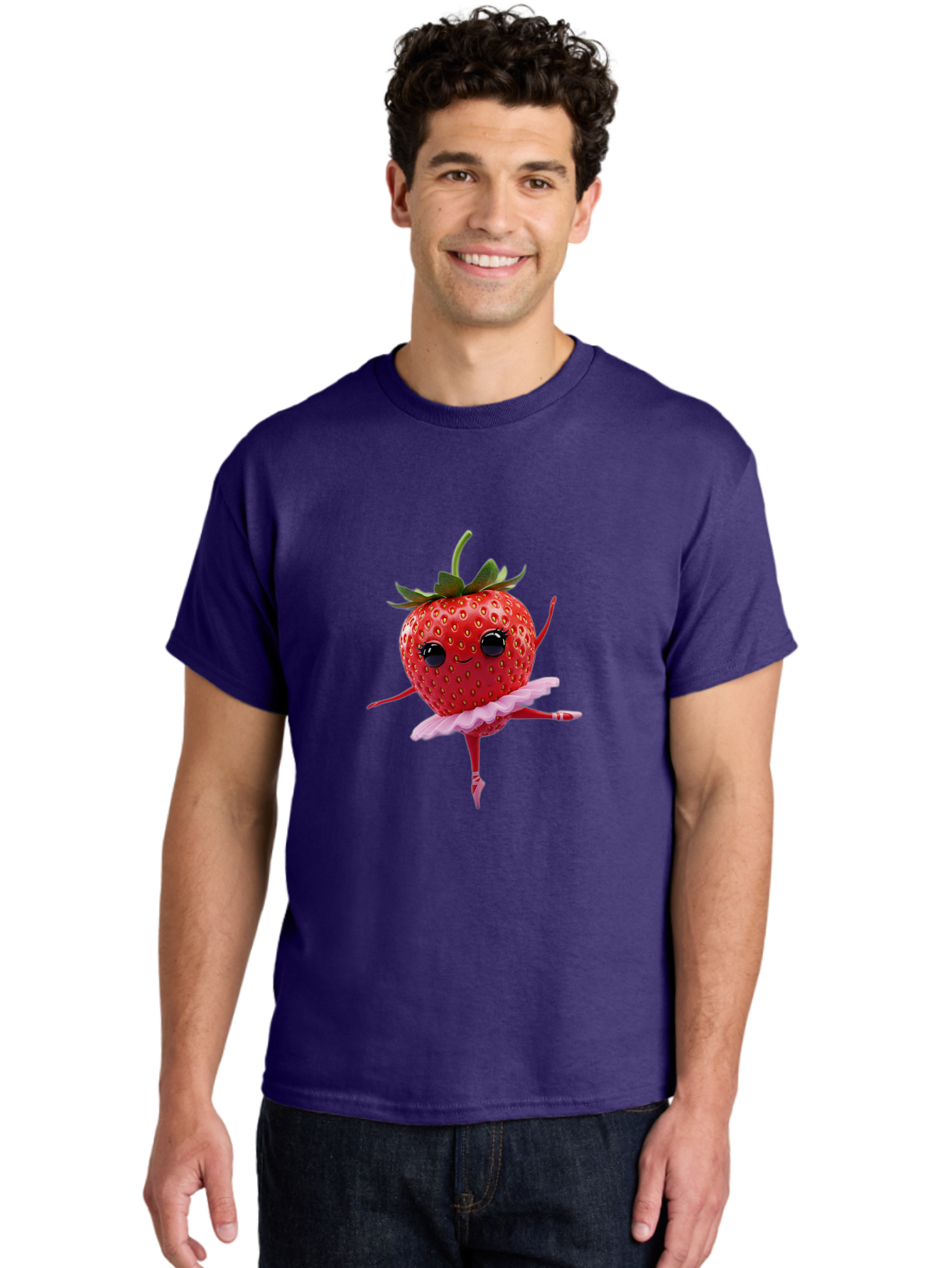 Strawberry-Ballerina Men'S Graphic Tee, 100% Cotton, Comfortable Casual Summer Wear, Machine Washable, Smiling Strawberry, Ballerina Strawberry, Dancing Fruit, Pink Tutu, Cartoon Character, Cute Illustration, Playful Design, Whimsical Art Bac471
