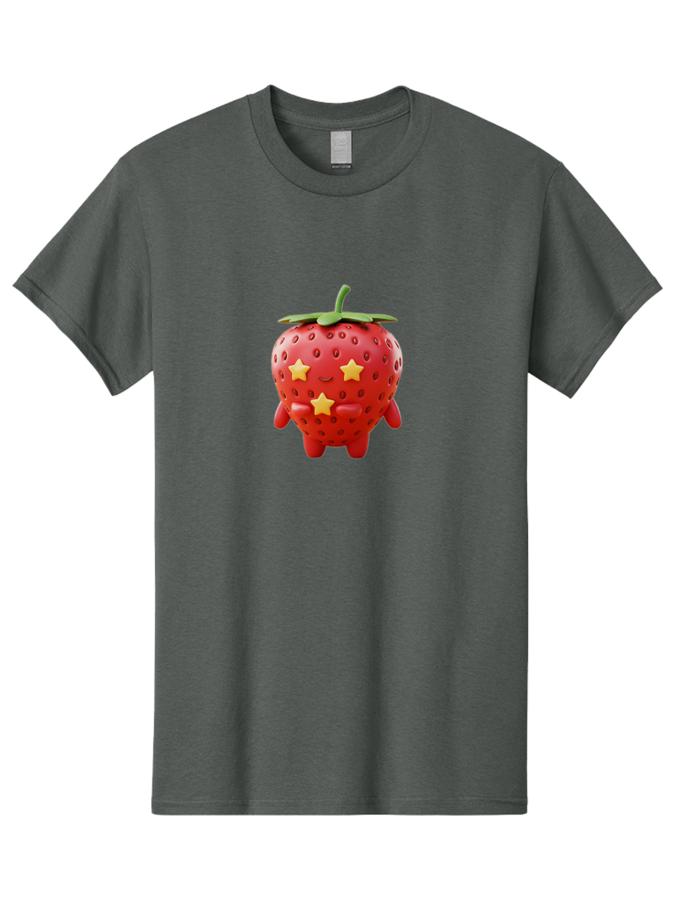 Strawberry-Character-1 Men'S Graphic Tee, 100% Cotton, Comfortable Casual Summer Wear, Machine Washable, Cartoon Strawberry, Cute Character, Smiling Face, Three Yellow Stars, Red Fruit, Green Leaf, Adorable Mascot, Fun Design, Bac472