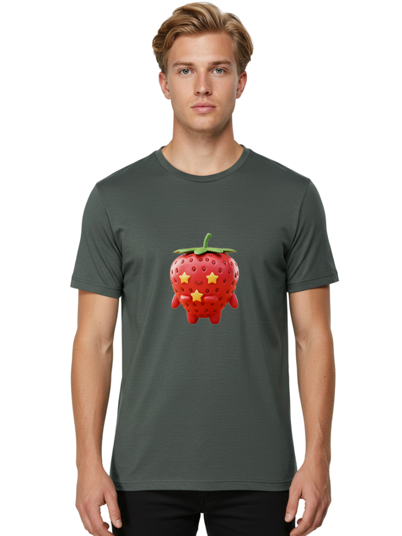 Strawberry-Character-1 Men'S Graphic Tee, 100% Cotton, Comfortable Casual Summer Wear, Machine Washable, Cartoon Strawberry, Cute Character, Smiling Face, Three Yellow Stars, Red Fruit, Green Leaf, Adorable Mascot, Fun Design, Bac472