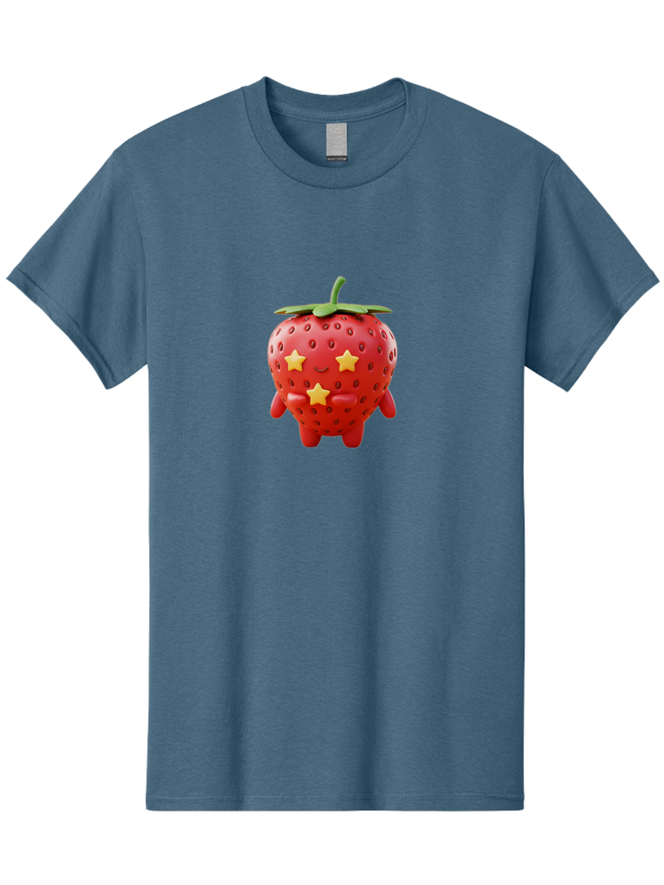 Strawberry-Character-1 Men'S Graphic Tee, 100% Cotton, Comfortable Casual Summer Wear, Machine Washable, Cartoon Strawberry, Cute Character, Smiling Face, Three Yellow Stars, Red Fruit, Green Leaf, Adorable Mascot, Fun Design, Bac472