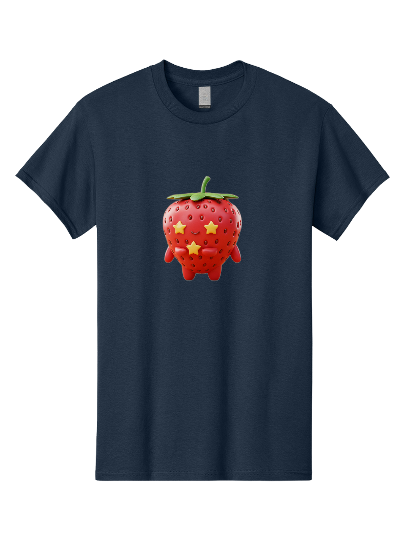 Strawberry-Character-1 Men'S Graphic Tee, 100% Cotton, Comfortable Casual Summer Wear, Machine Washable, Cartoon Strawberry, Cute Character, Smiling Face, Three Yellow Stars, Red Fruit, Green Leaf, Adorable Mascot, Fun Design, Bac472
