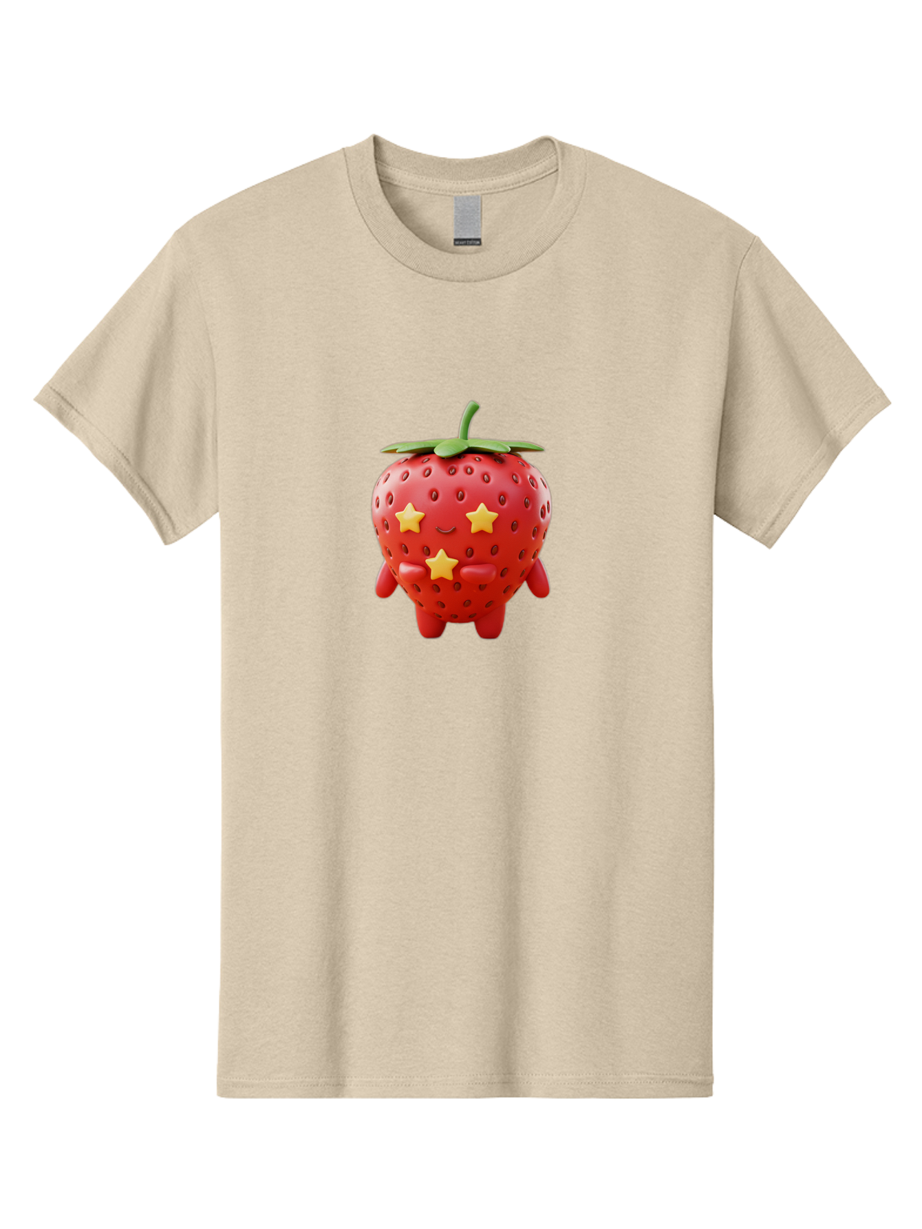 Strawberry-Character-1 Men'S Graphic Tee, 100% Cotton, Comfortable Casual Summer Wear, Machine Washable, Cartoon Strawberry, Cute Character, Smiling Face, Three Yellow Stars, Red Fruit, Green Leaf, Adorable Mascot, Fun Design, Bac472