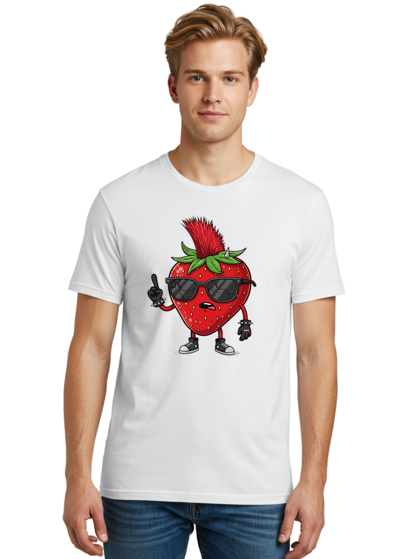 Strawberry-Character Men'S Graphic Tee, 100% Cotton, Comfortable Casual Summer Wear, Machine Washable, Cartoon Strawberry, Cool Strawberry Character, Sunglasses, Punk Rock Style, Fruit Character Design, Strawberry Mascot, Funny Strawberry, Bac473