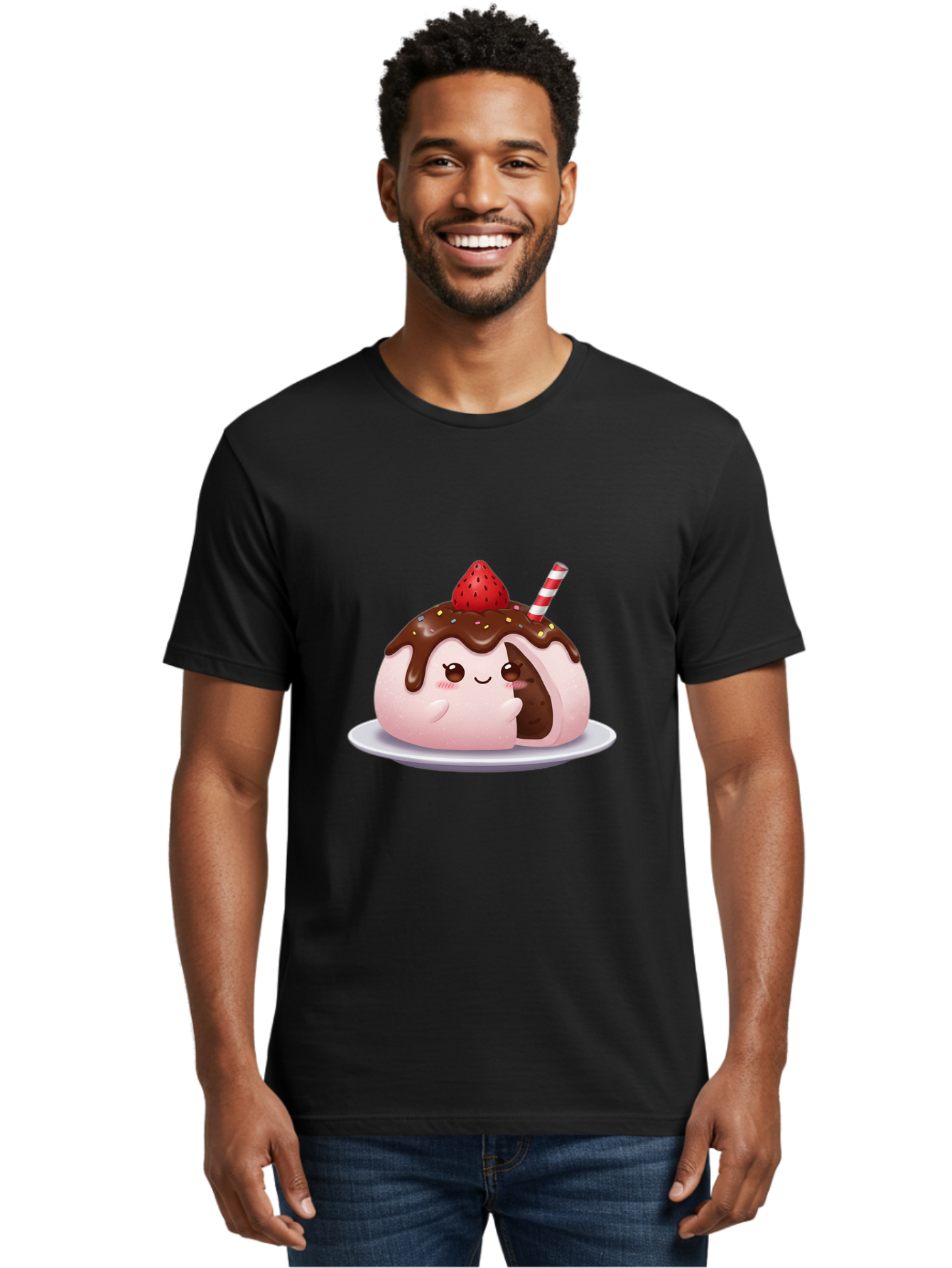 Strawberry-Donut Men'S Graphic Tee, 100% Cotton, Comfortable Casual Summer Wear, Machine Washable, Chocolate Donut, Strawberry Topping, Donut Character, Dessert, Sweet Treat, Chocolate Sauce, Sprinkles, Donut With Straw, Cute Dessert, Bac474