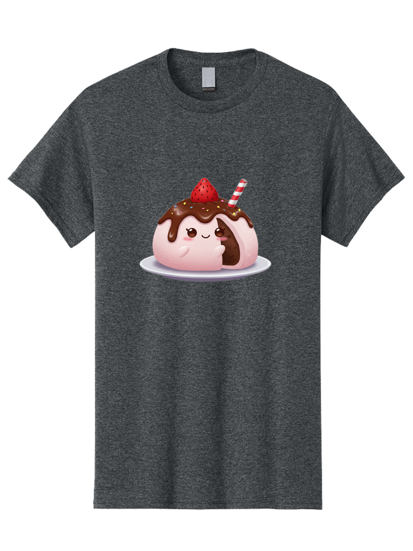 Strawberry-Donut Men'S Graphic Tee, 100% Cotton, Comfortable Casual Summer Wear, Machine Washable, Chocolate Donut, Strawberry Topping, Donut Character, Dessert, Sweet Treat, Chocolate Sauce, Sprinkles, Donut With Straw, Cute Dessert, Bac474