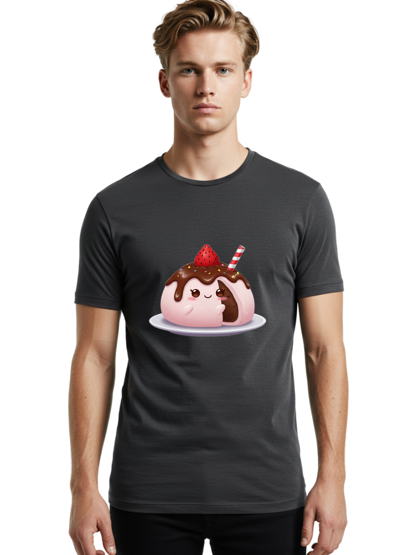 Strawberry-Donut Men'S Graphic Tee, 100% Cotton, Comfortable Casual Summer Wear, Machine Washable, Chocolate Donut, Strawberry Topping, Donut Character, Dessert, Sweet Treat, Chocolate Sauce, Sprinkles, Donut With Straw, Cute Dessert, Bac474