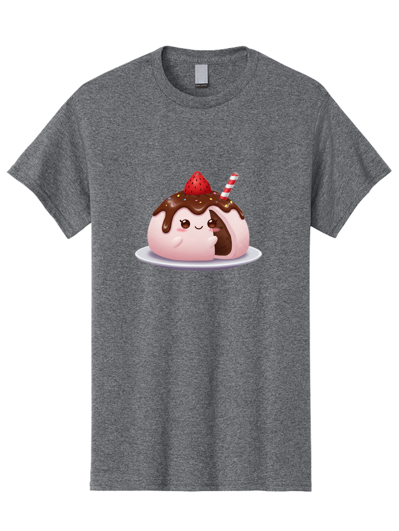 Strawberry-Donut Men'S Graphic Tee, 100% Cotton, Comfortable Casual Summer Wear, Machine Washable, Chocolate Donut, Strawberry Topping, Donut Character, Dessert, Sweet Treat, Chocolate Sauce, Sprinkles, Donut With Straw, Cute Dessert, Bac474